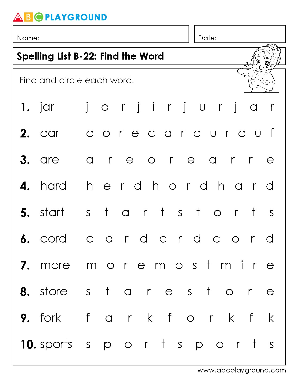 Find and Circle Words Spelling Worksheet