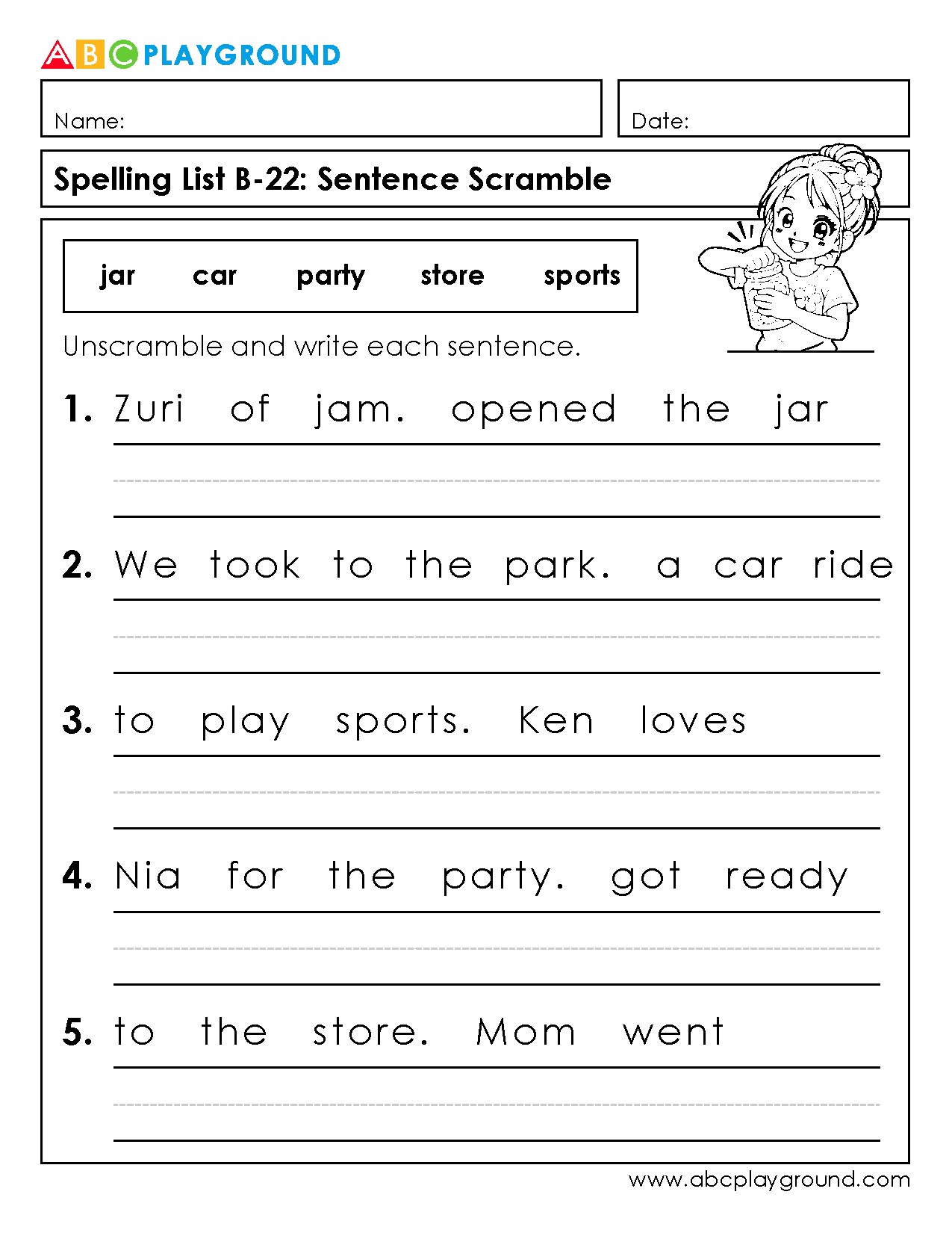 Sentence Scramble Worksheet for Early Spelling Practice