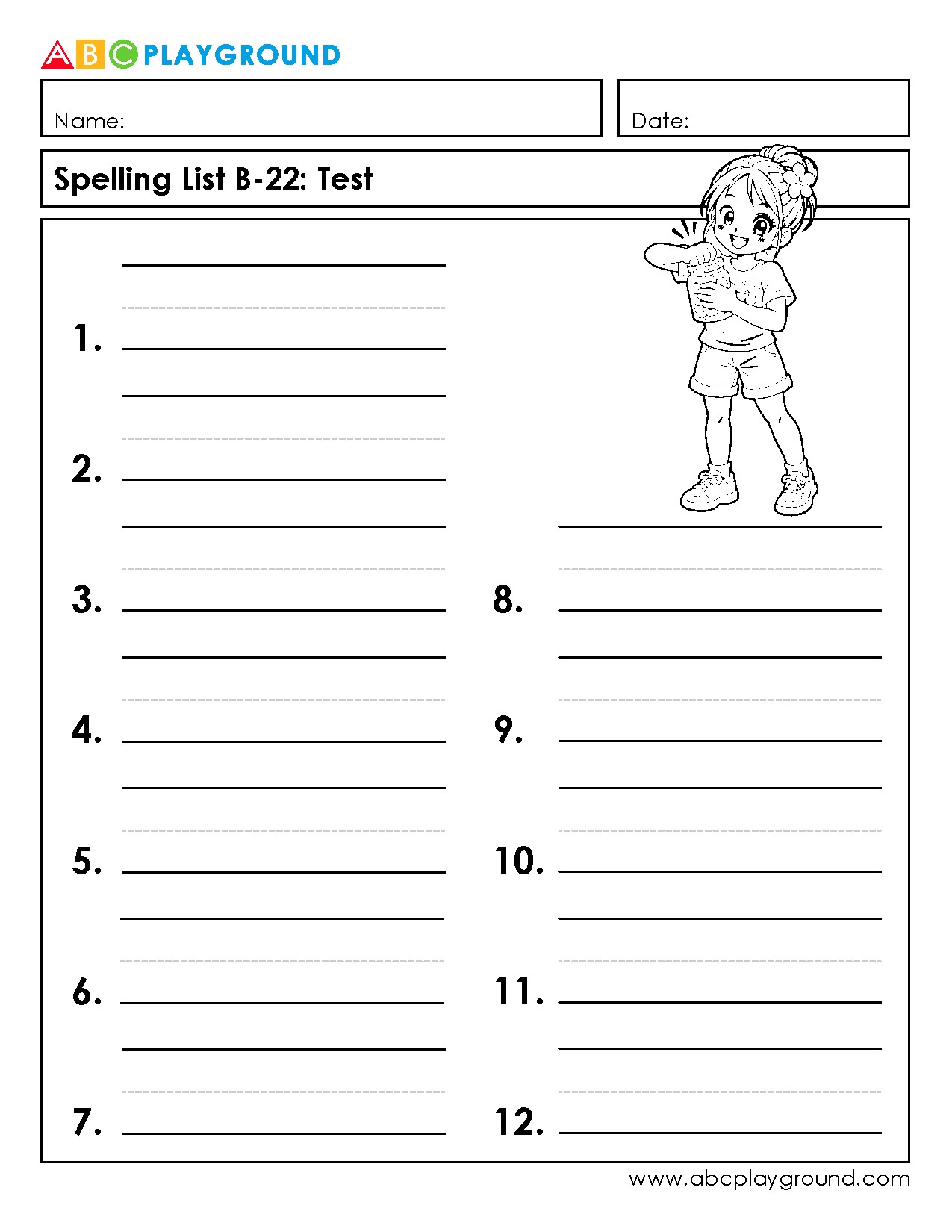 Printable Spelling Test Worksheet for Vocabulary Practice