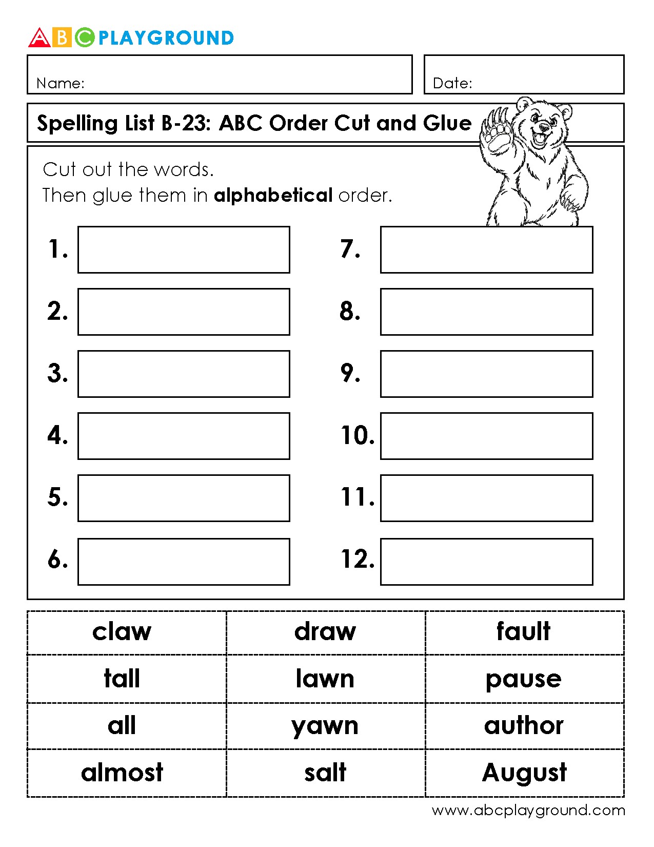 Alphabetical Order Cut and Glue Spelling Activity