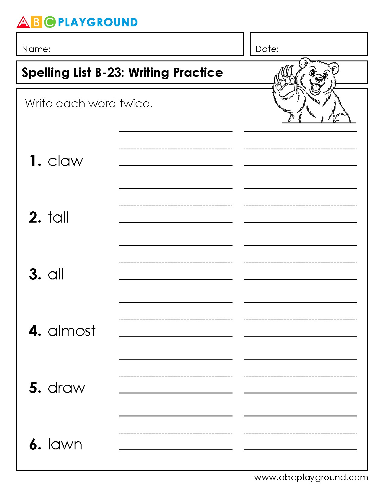 Spelling List Writing Practice Worksheet