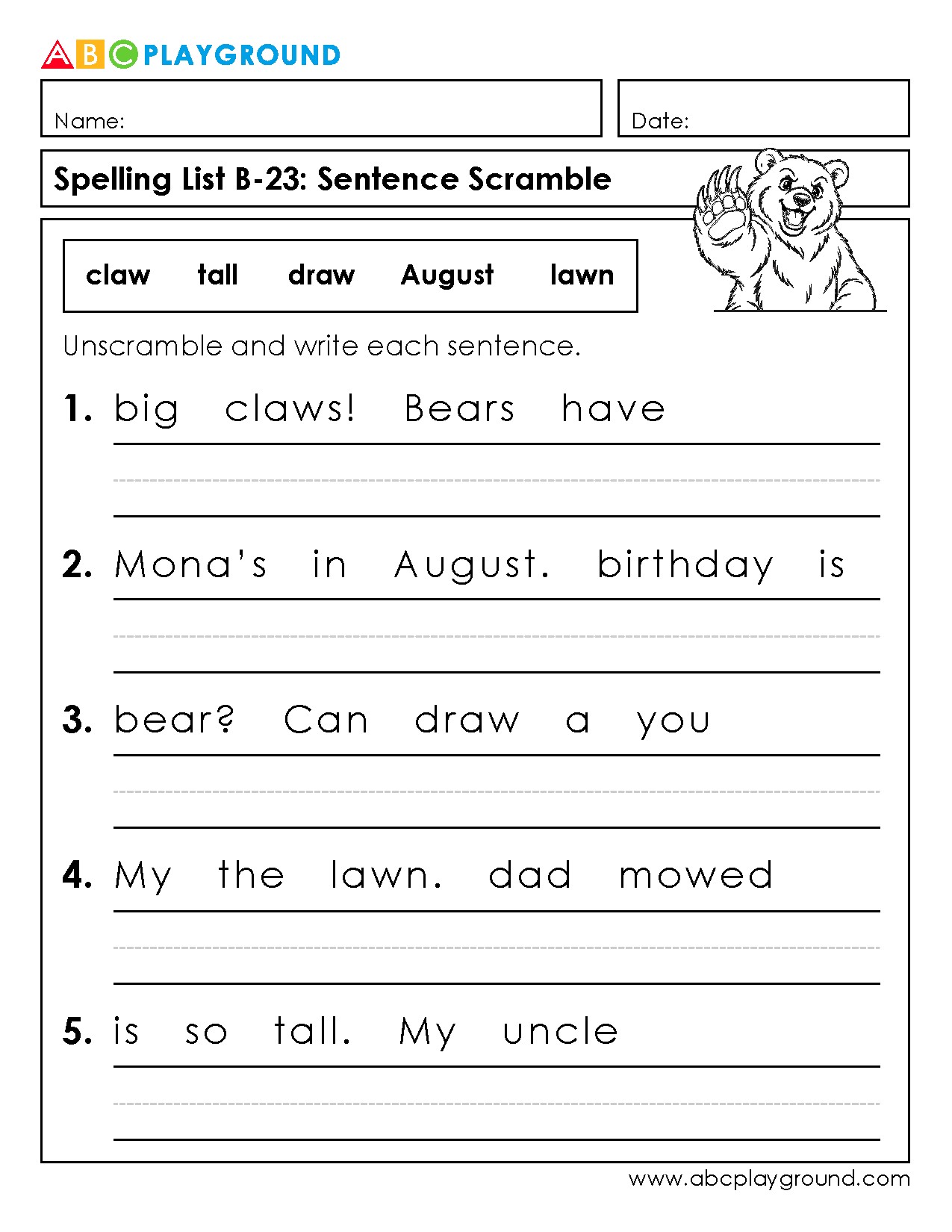 Sentence Scramble Spelling Practice Worksheet