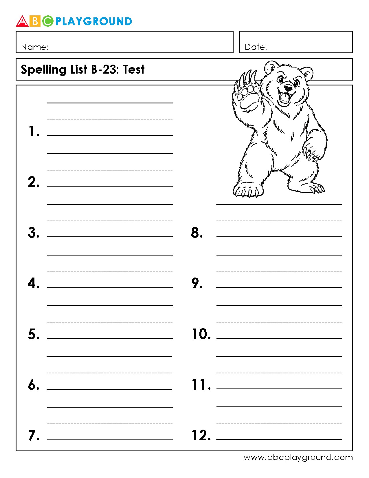 Printable Spelling Test Worksheet for Practice