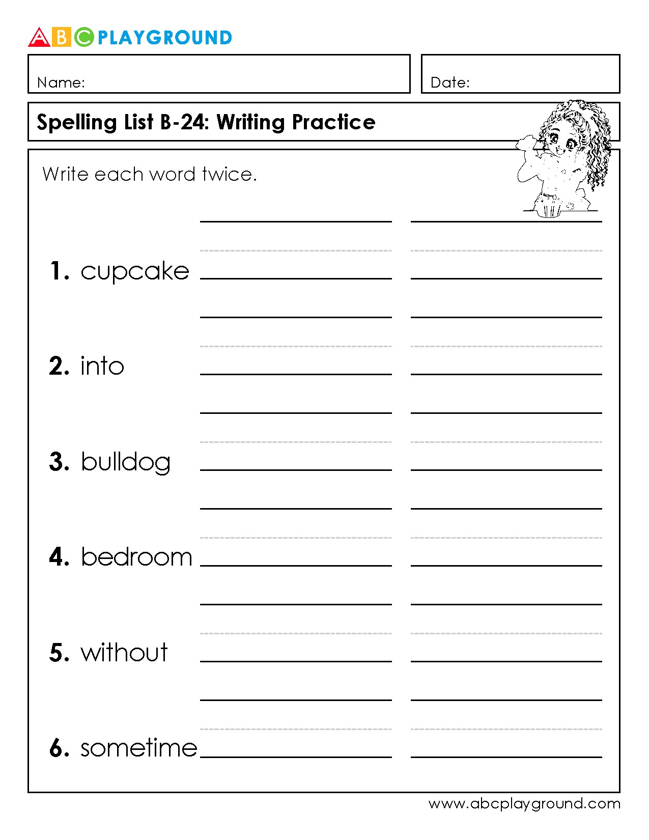 Spelling List B-24: Word Writing Practice Worksheet