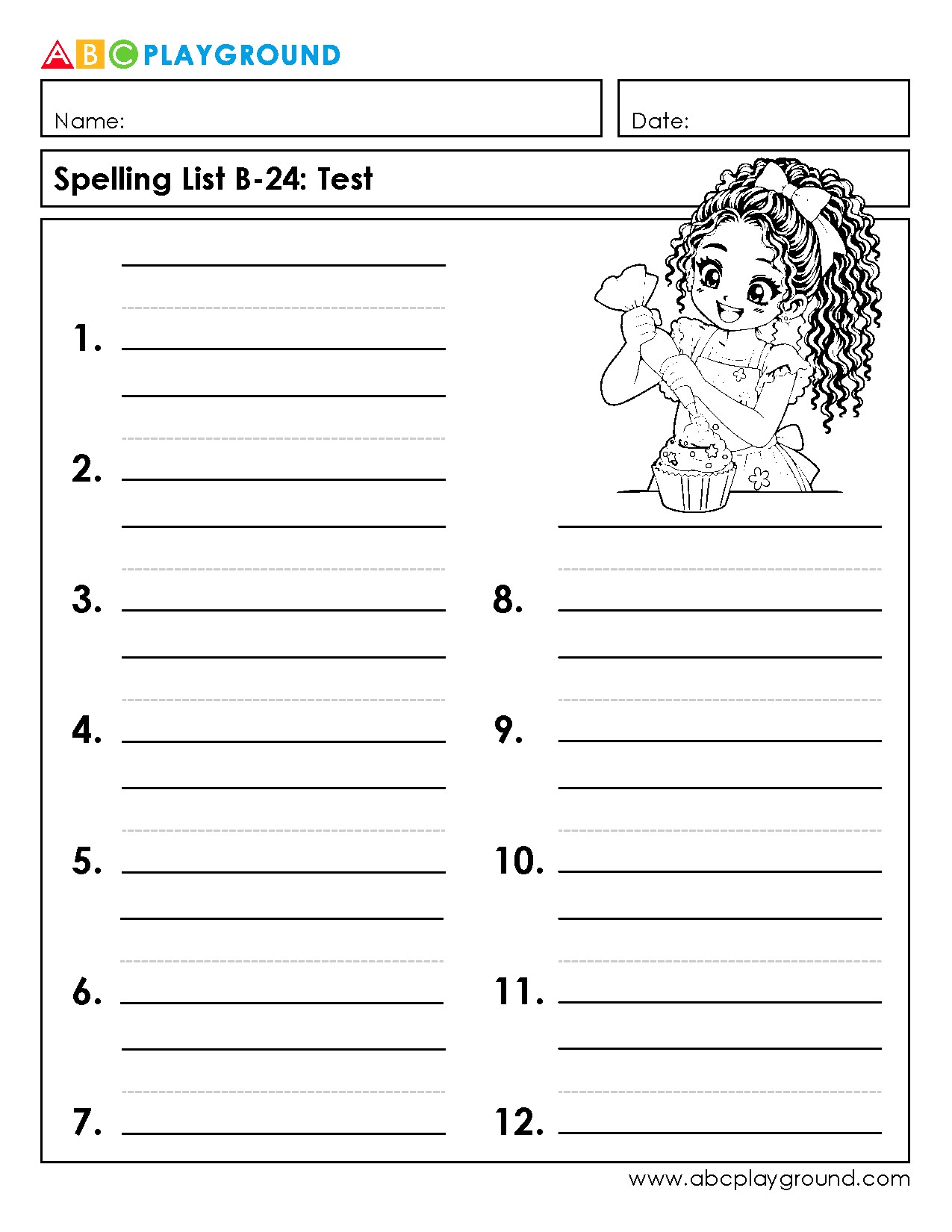 Spelling List B-24 Test Worksheet for Practice