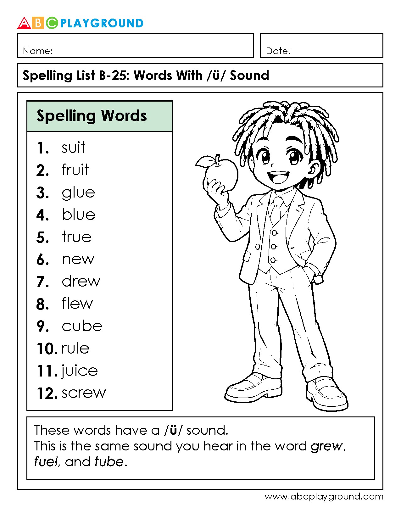 Spelling Practice: Words With Long U /ü/ Sound