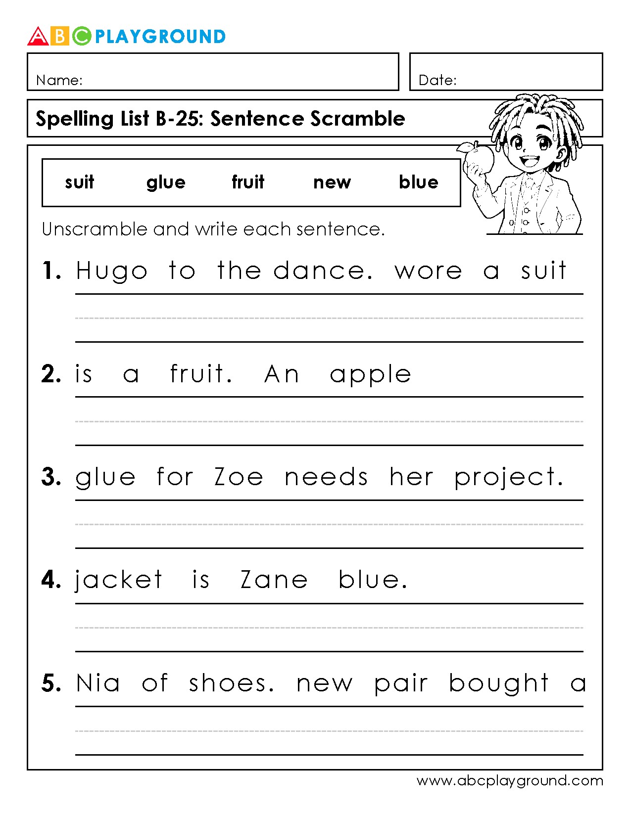 Sentence Scramble Worksheet for Spelling Practice