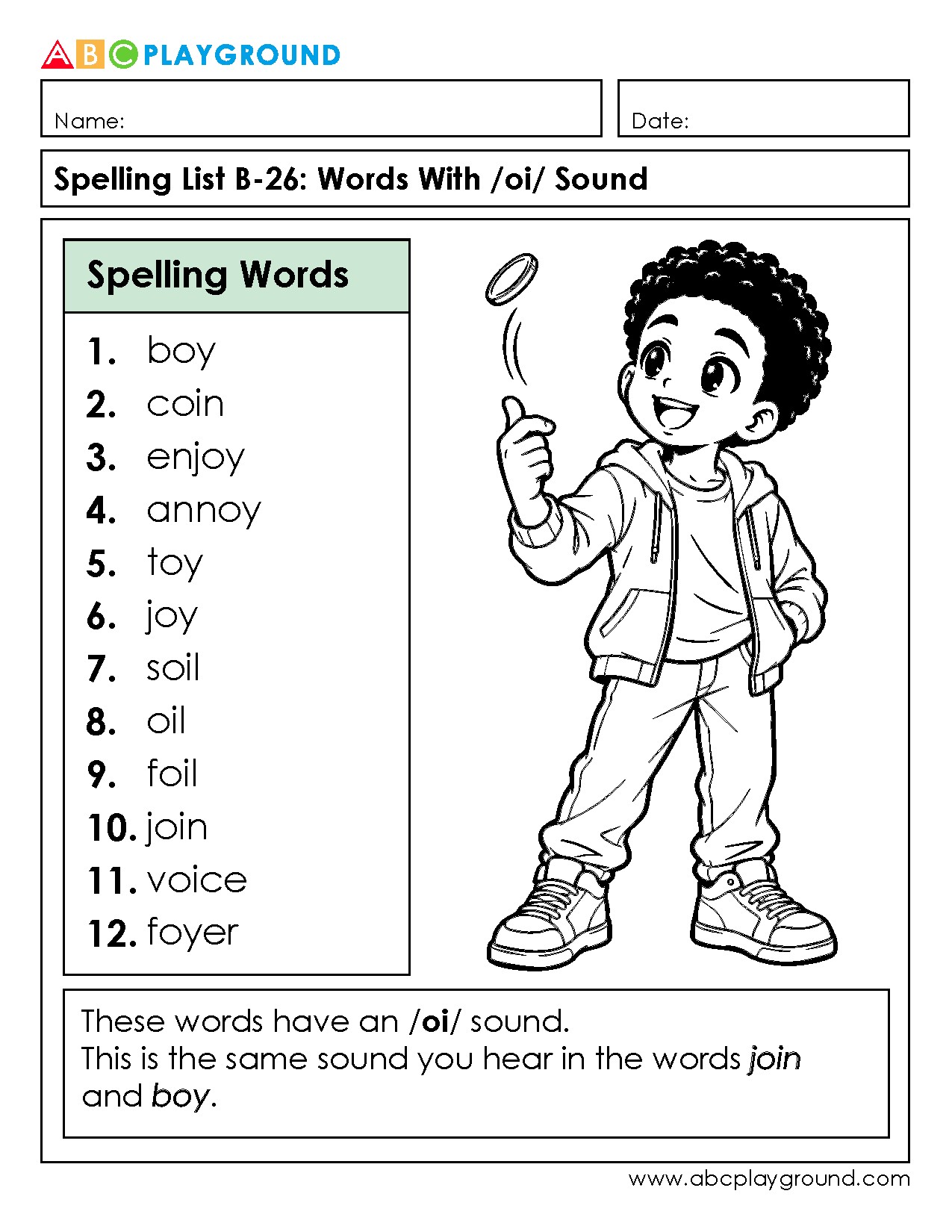 Words with the /oi/ Sound Spelling List Worksheet