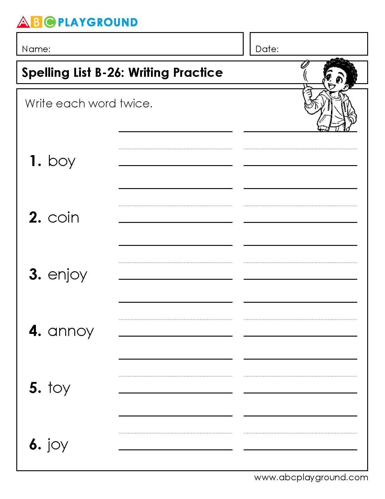 Spelling List Writing Practice Worksheet