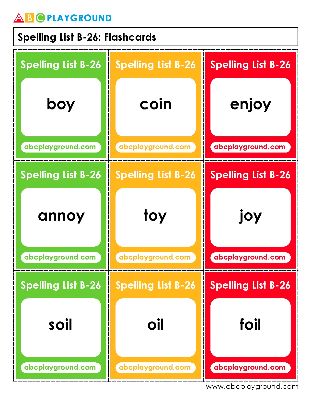 Spelling List B-26 Flashcards for Phonics Practice