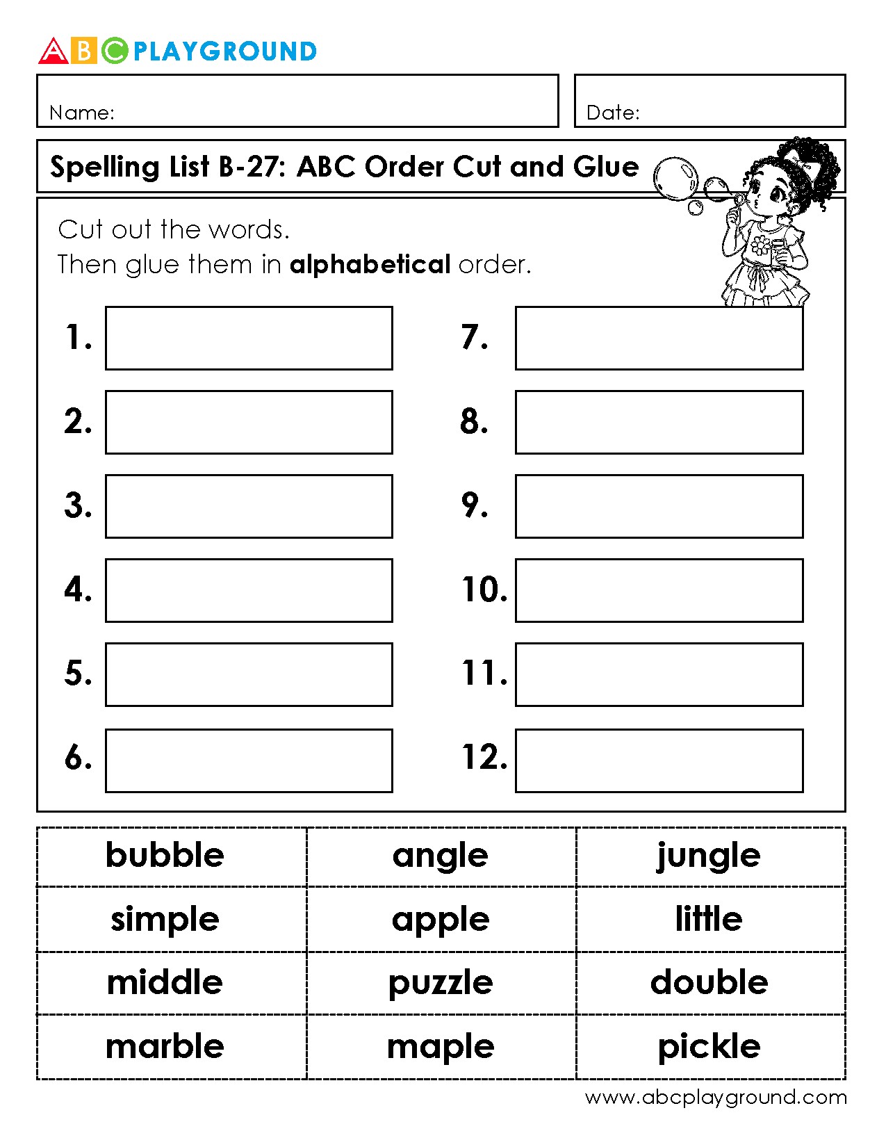 Cut and Glue Words in Alphabetical Order Worksheet