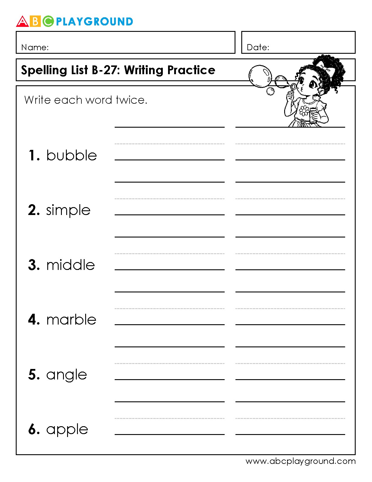 Spelling List Writing Practice Worksheet
