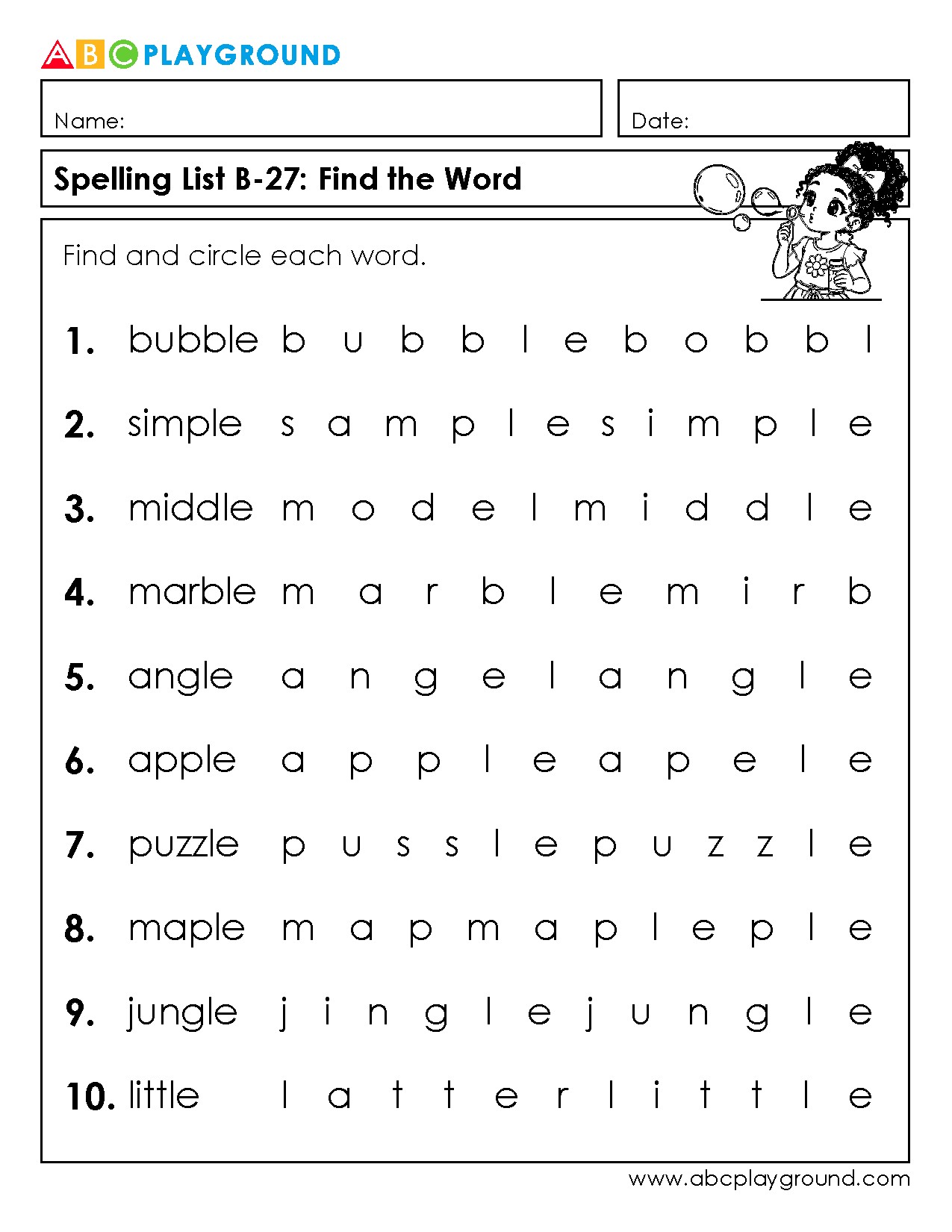 Find and Circle Each Word in Spelling List B-27