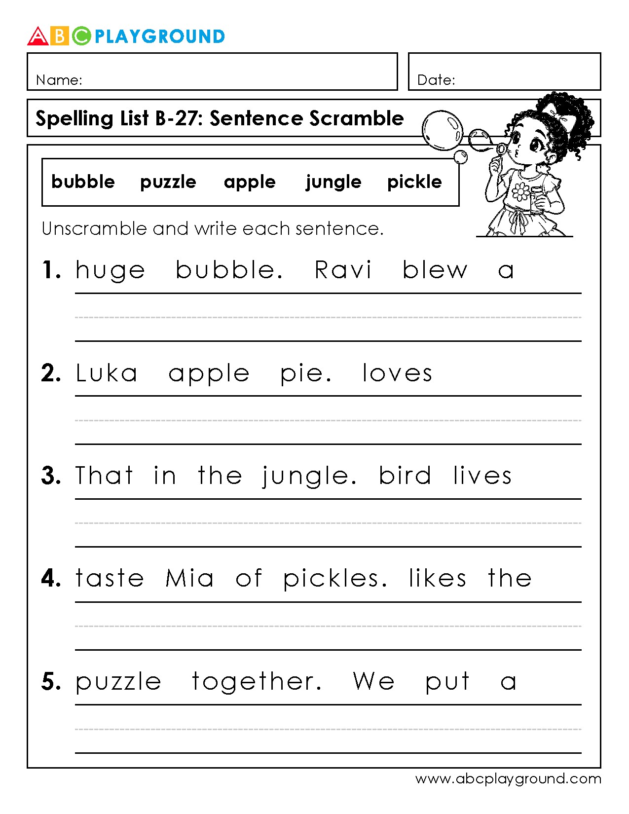 Sentence Scramble Worksheet for Building Grammar Skills