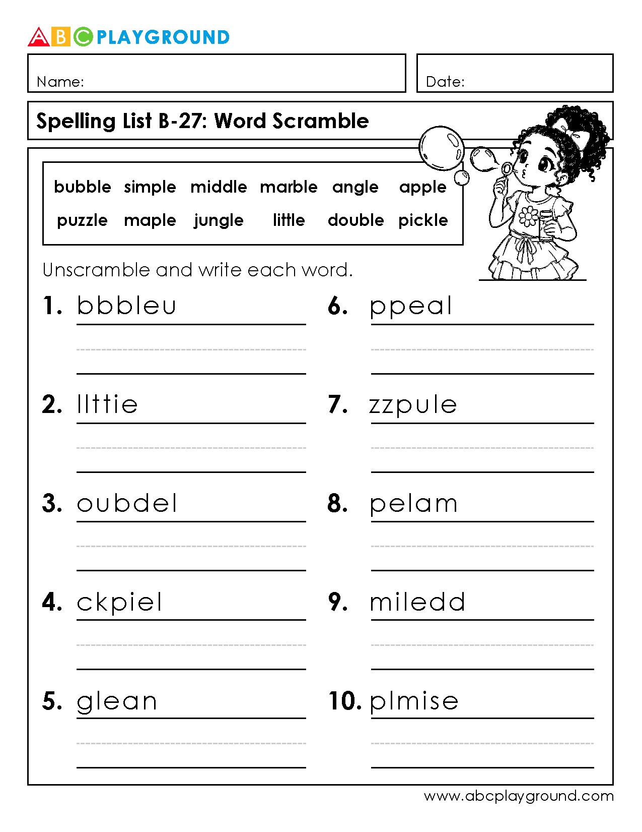 Word Scramble Spelling Practice Worksheet