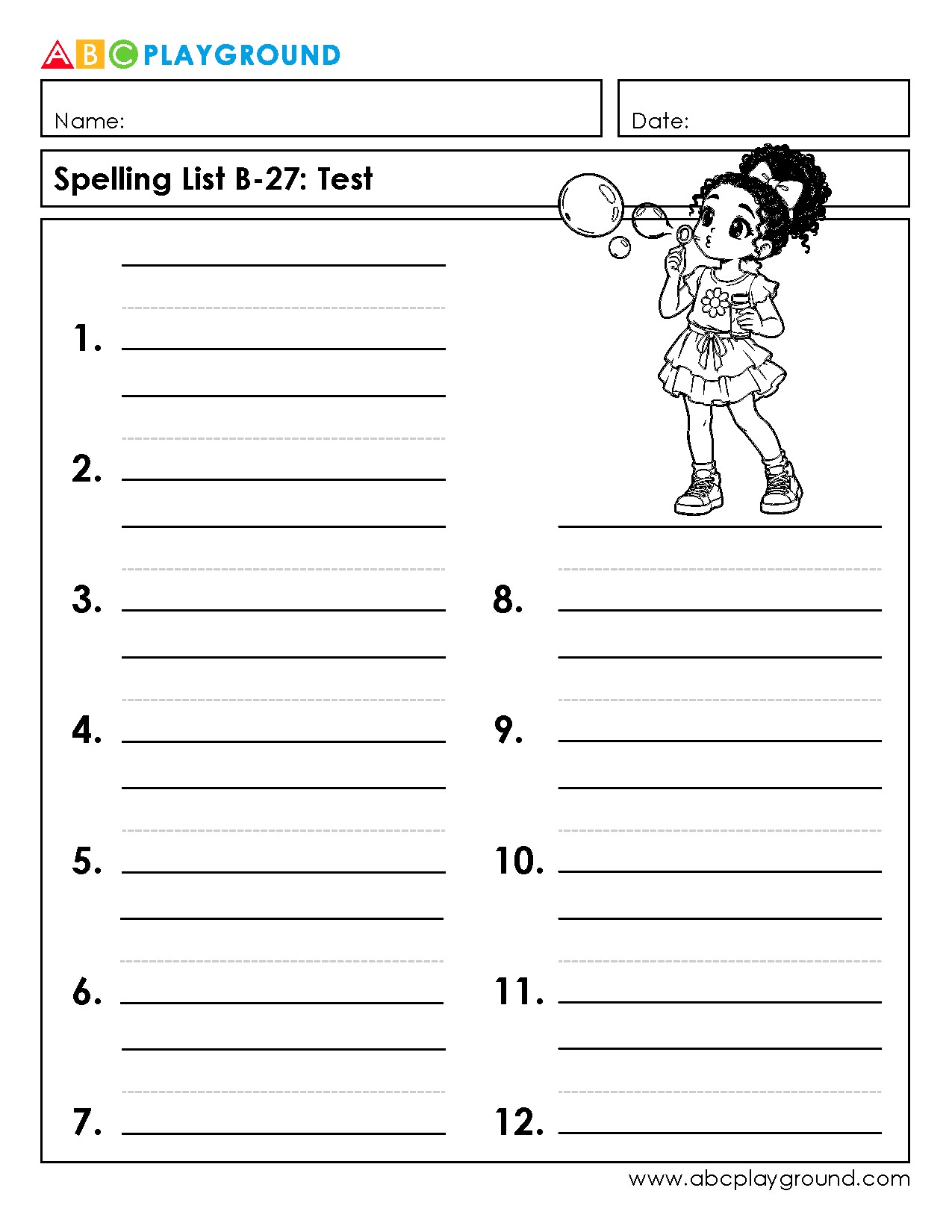 Printable Spelling Test Worksheet for Elementary Students