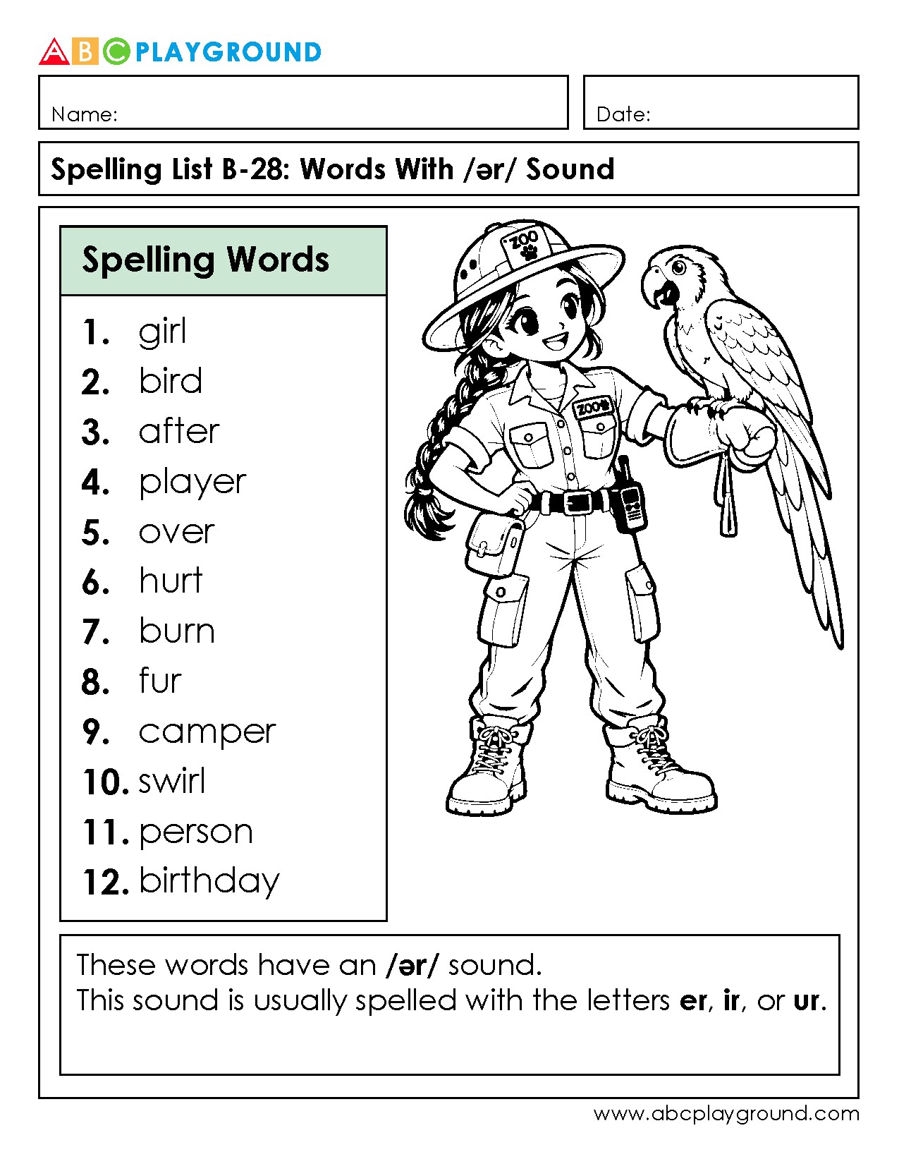 Spelling Words With the /ər/ Sound Practice Worksheet