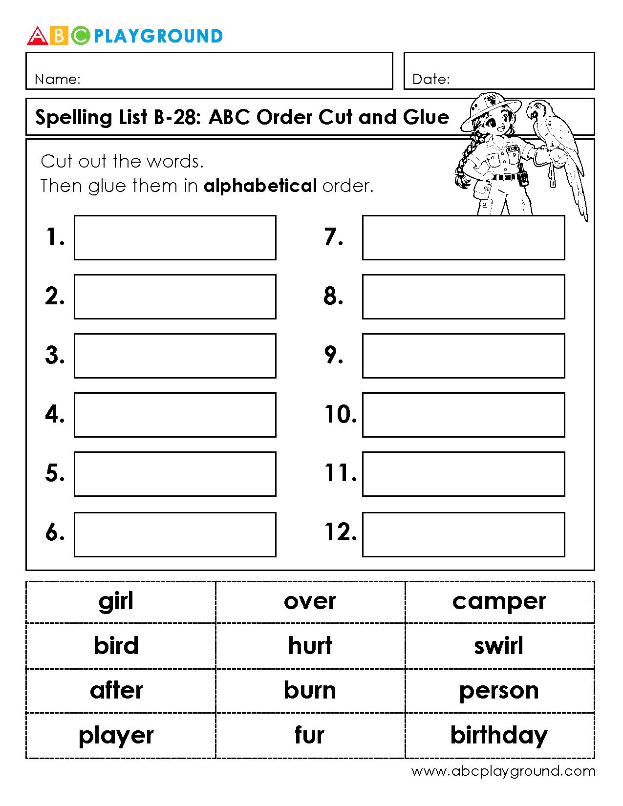Alphabetical Order Cut and Glue Spelling Activity
