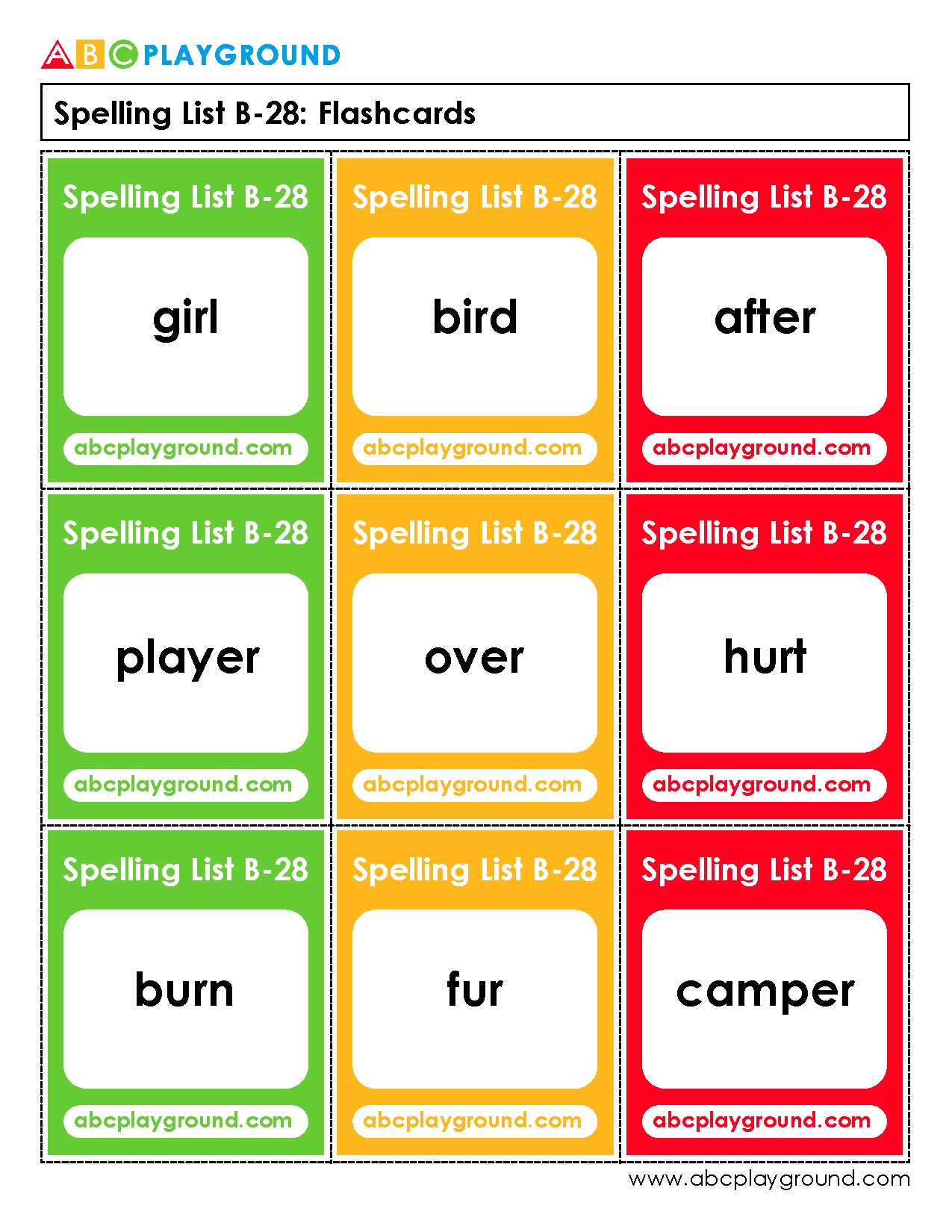 Spelling List B-28 Flashcards for Vocabulary Practice