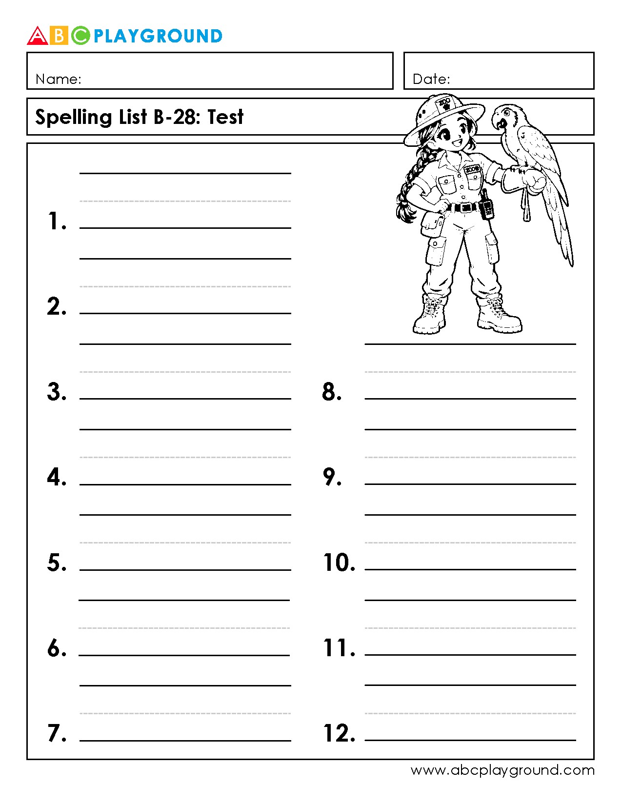 Printable Spelling Test Worksheet for Vocabulary Practice