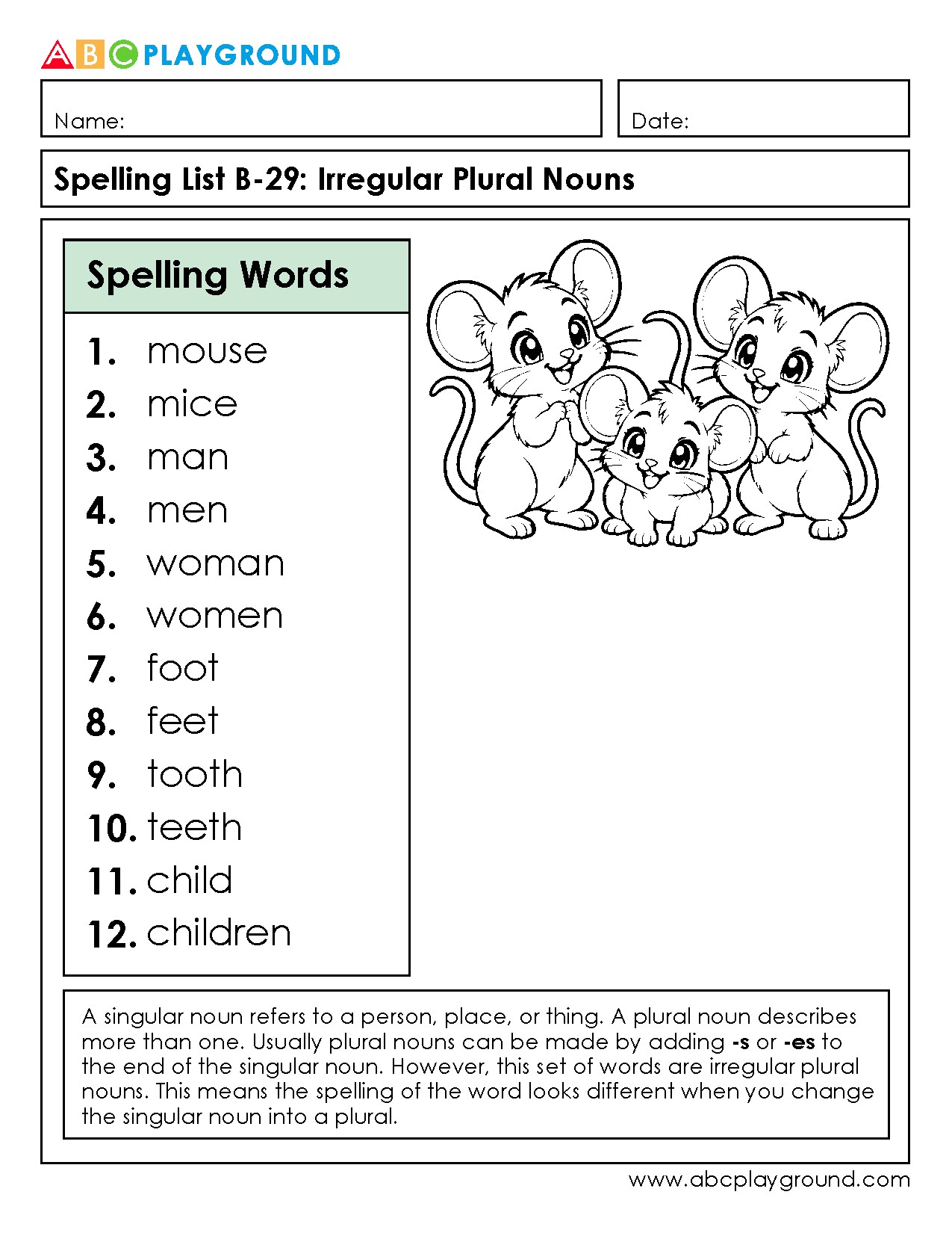 Spelling Practice with Irregular Plural Nouns