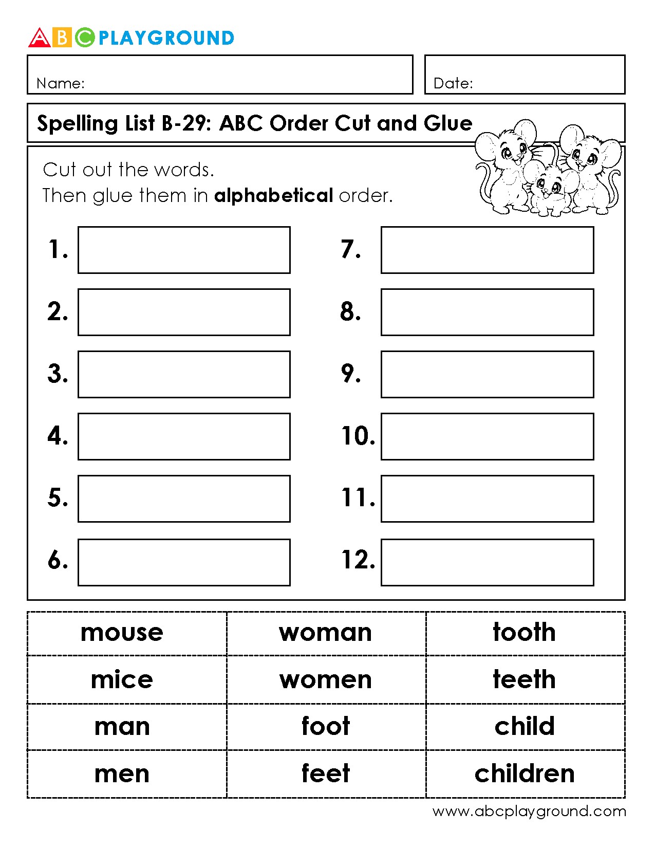 Cut and Glue Words in Alphabetical Order Activity
