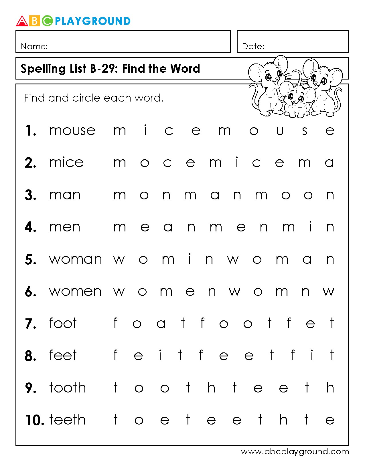 Find and Circle the Correct Spelling Words