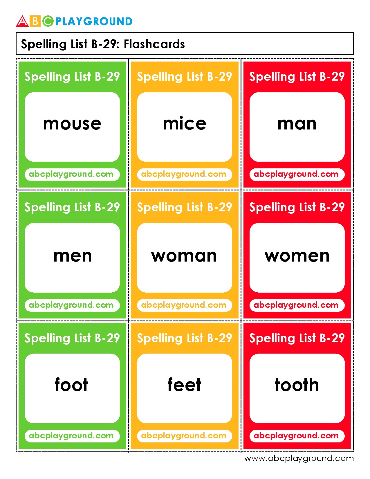 Plural Nouns Spelling Flashcards with Common Irregular Forms