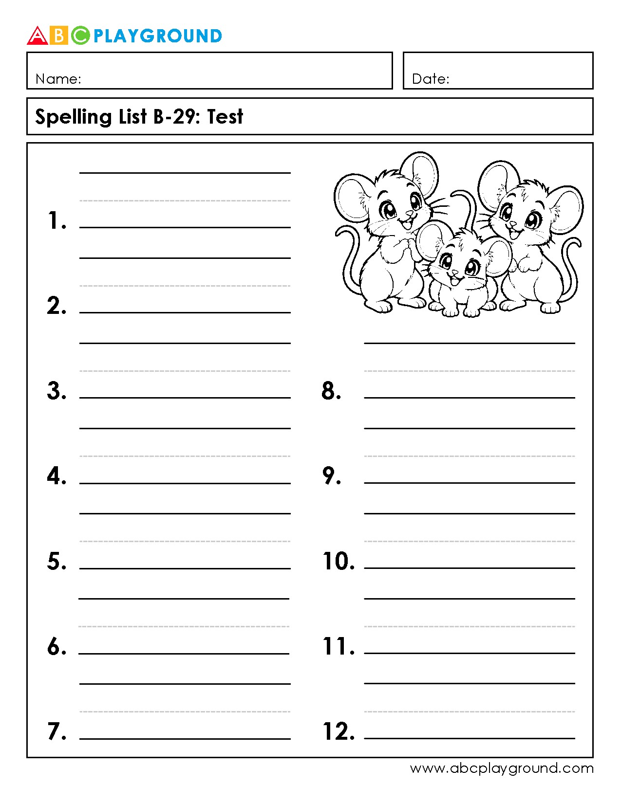 Spelling Test Worksheet with 12 Words and Cartoon Mice