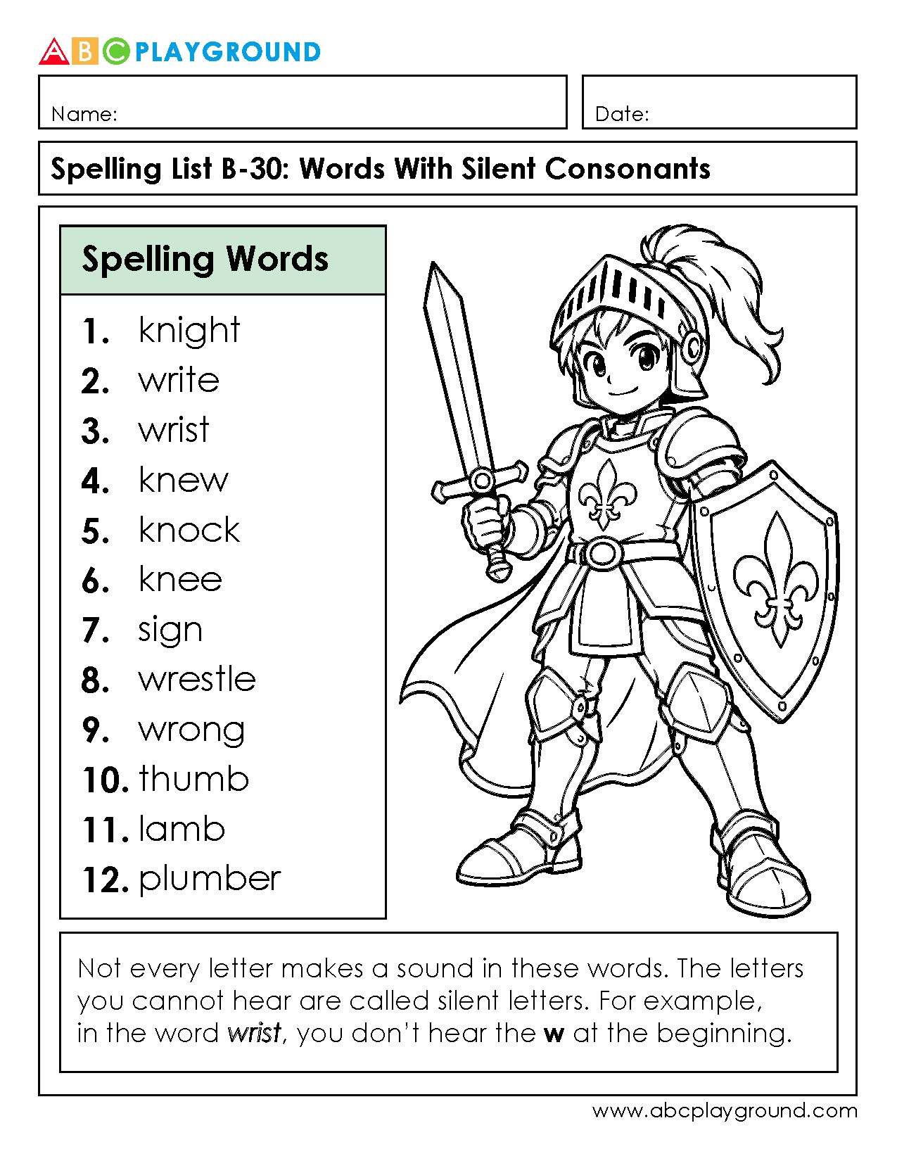 Spelling List: Words With Silent Consonants Practice