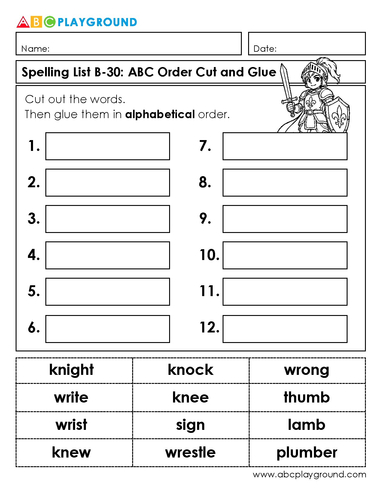 Alphabetical Order Cut and Glue Spelling Activity