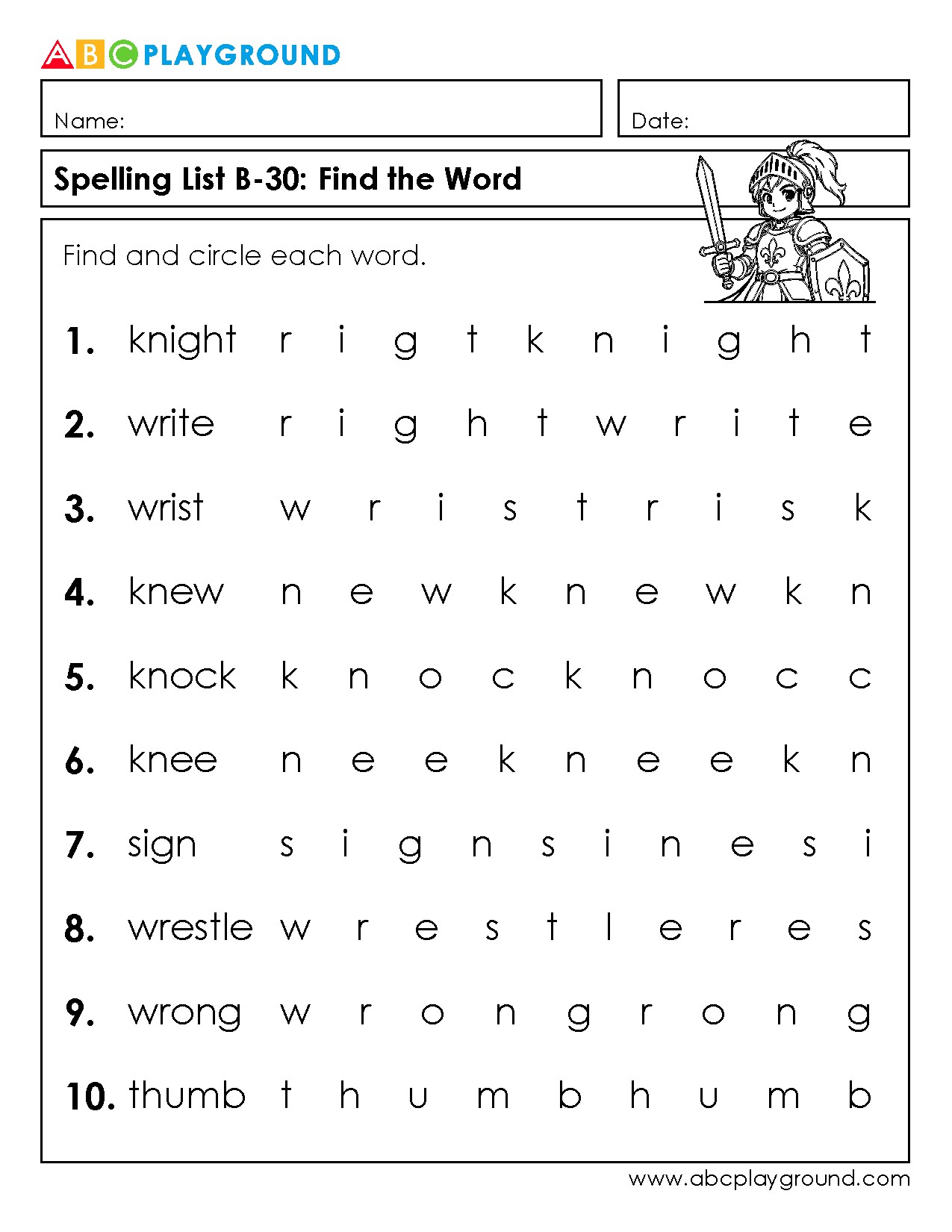 Find and Circle Words from Spelling List B-30