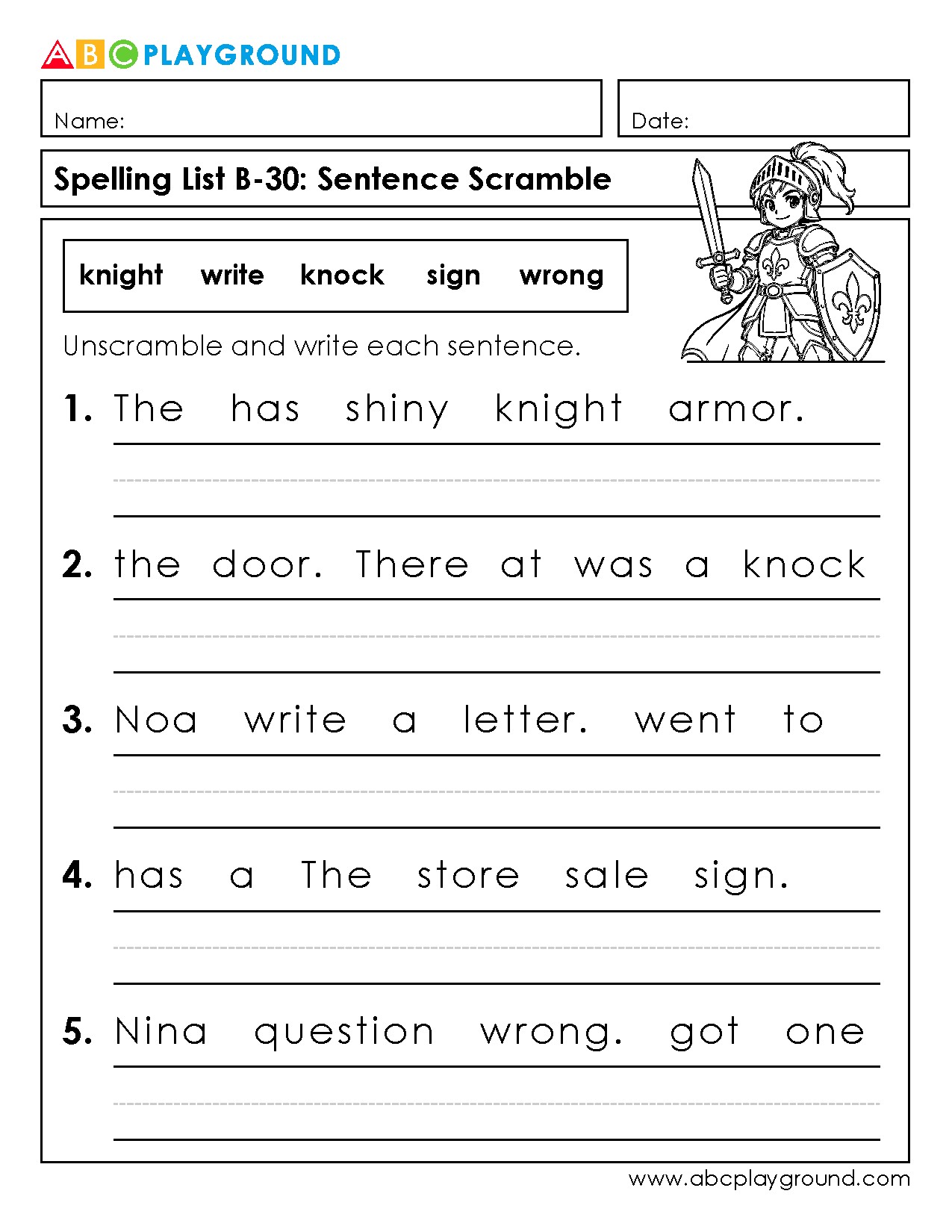Sentence Scramble Worksheet for Spelling Practice