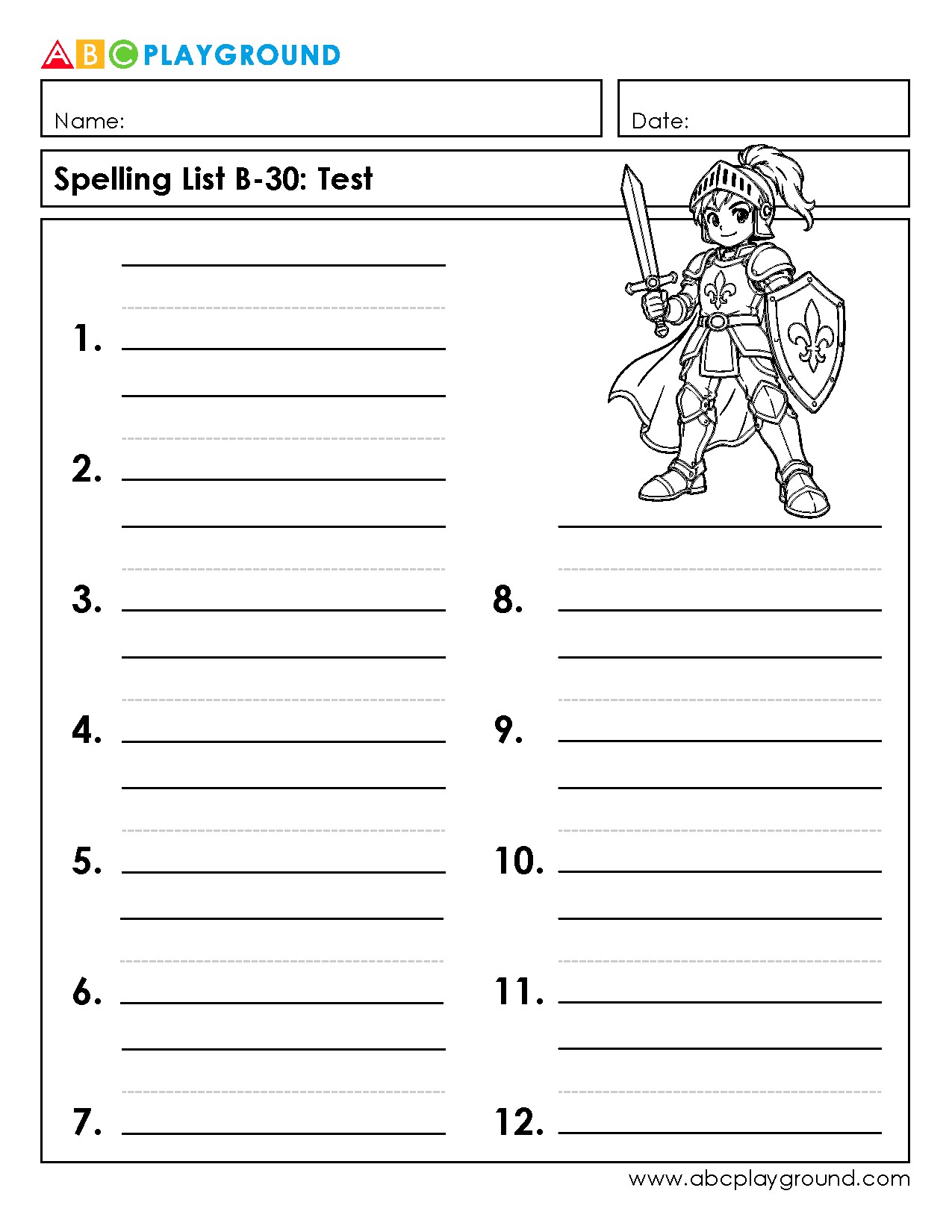 Printable Spelling Test Worksheet for Skill Practice