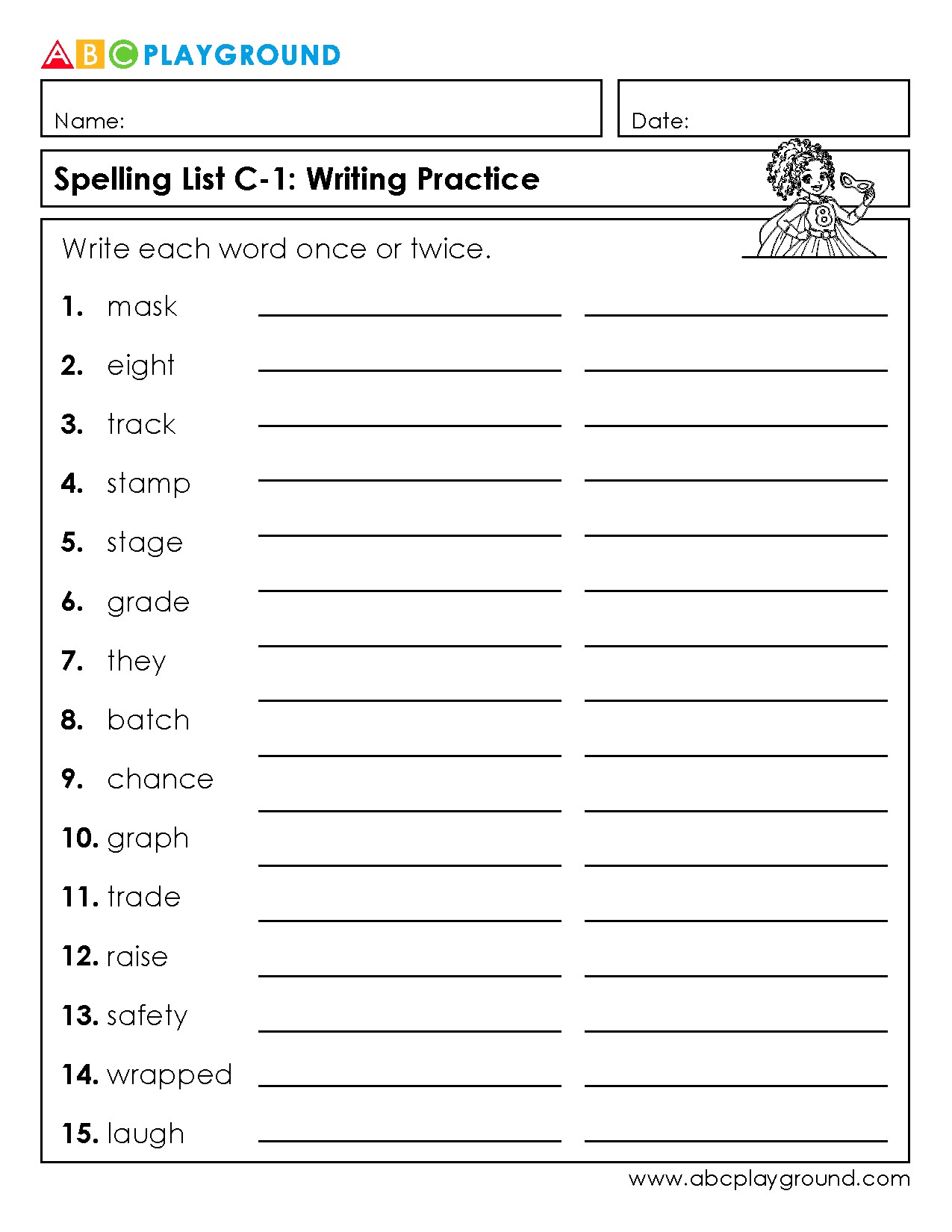 C1 Spelling Word List Writing Practice Worksheet