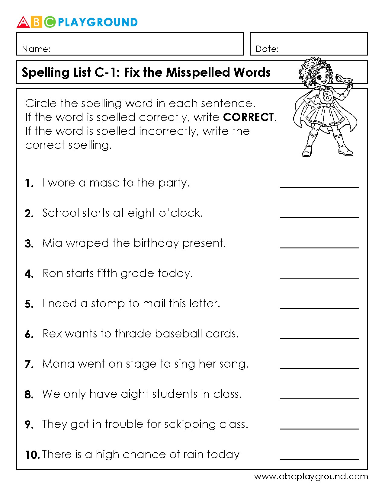 C1 Fix the Misspelled Words Spelling Practice Worksheet