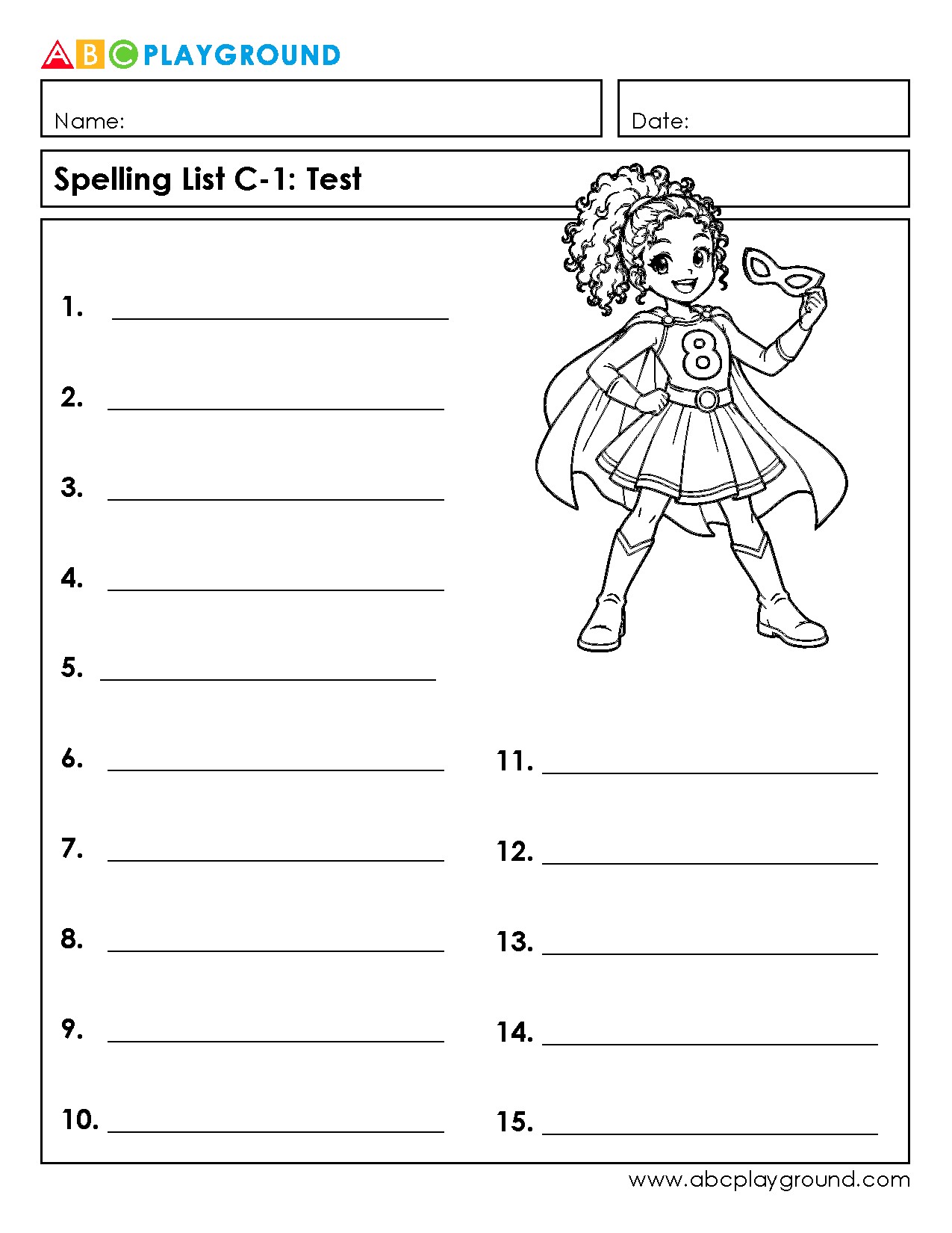 C1 Printable Spelling Test Worksheet with 15 Word Spaces