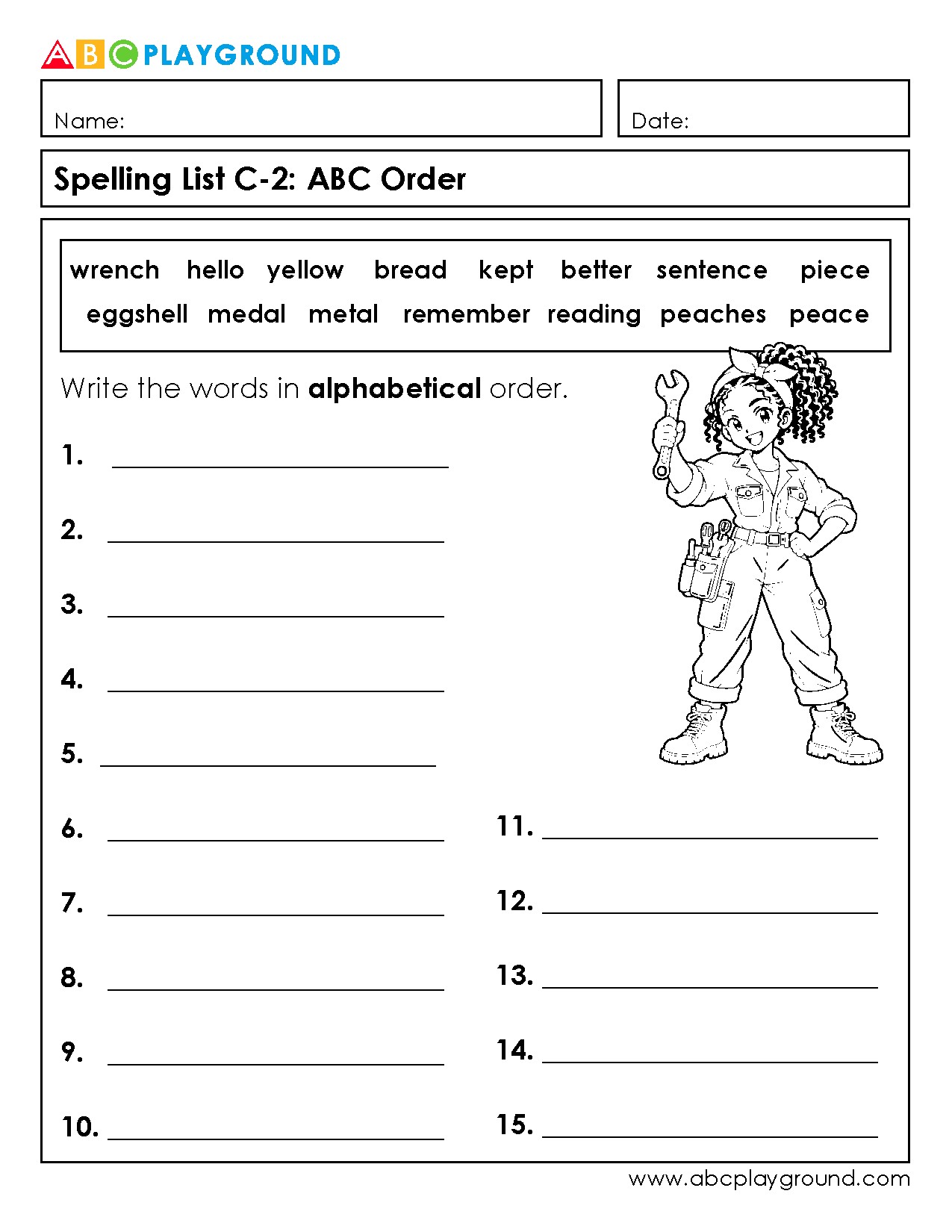 C2 Alphabetical Order Spelling List Worksheet