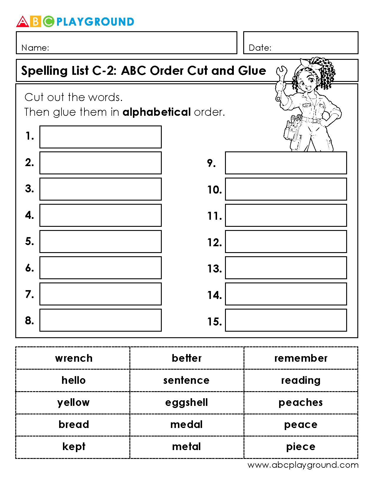 C2 ABC Order Cut and Glue Spelling Worksheet