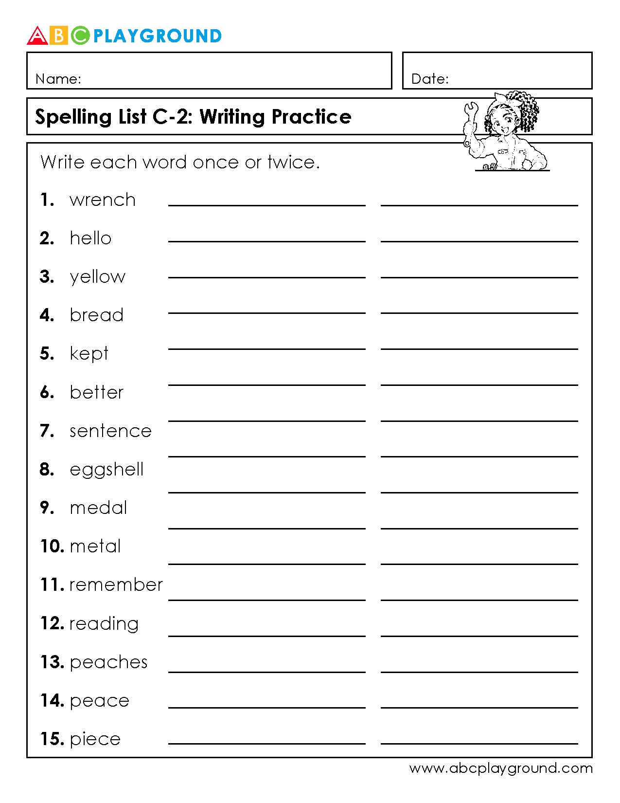 C2 Spelling List Writing Practice for Vocabulary Building