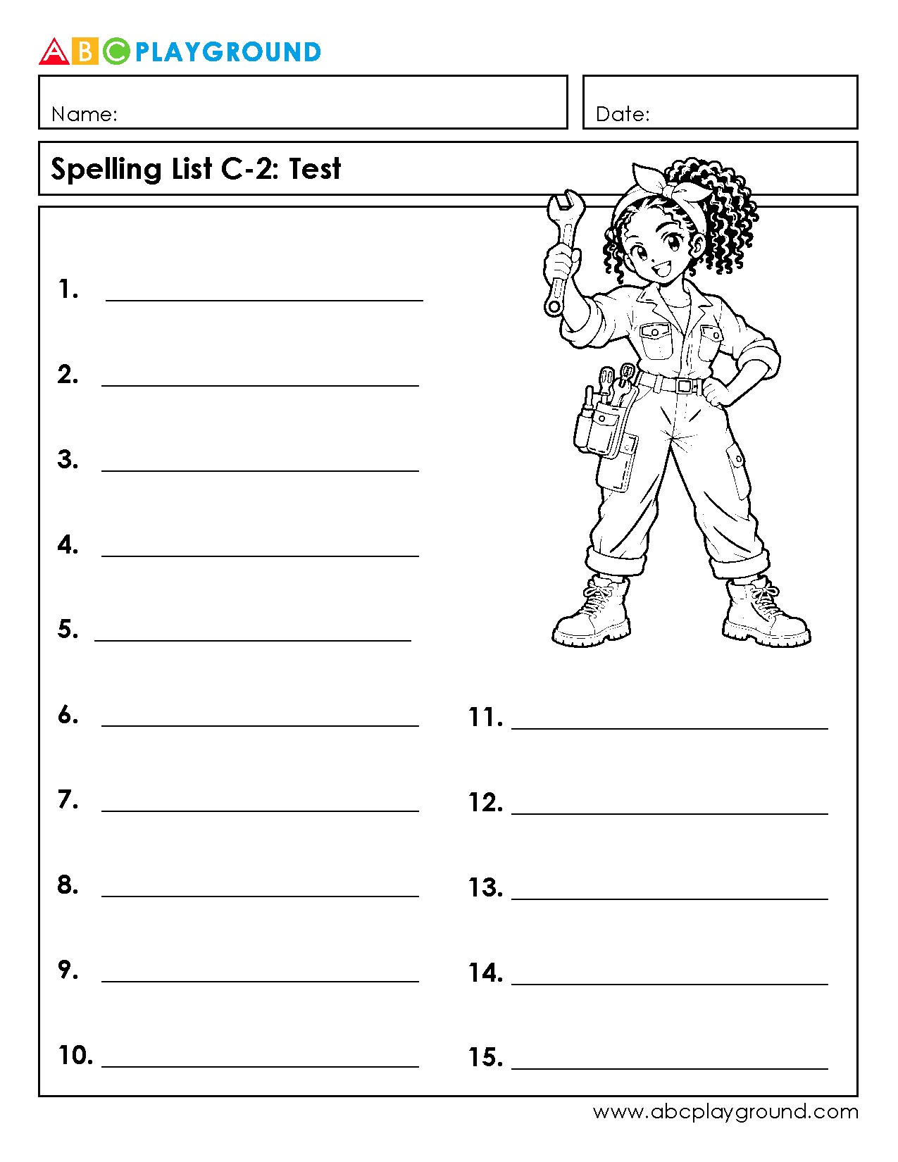 C2 Printable Spelling Test Worksheet for Skill Practice