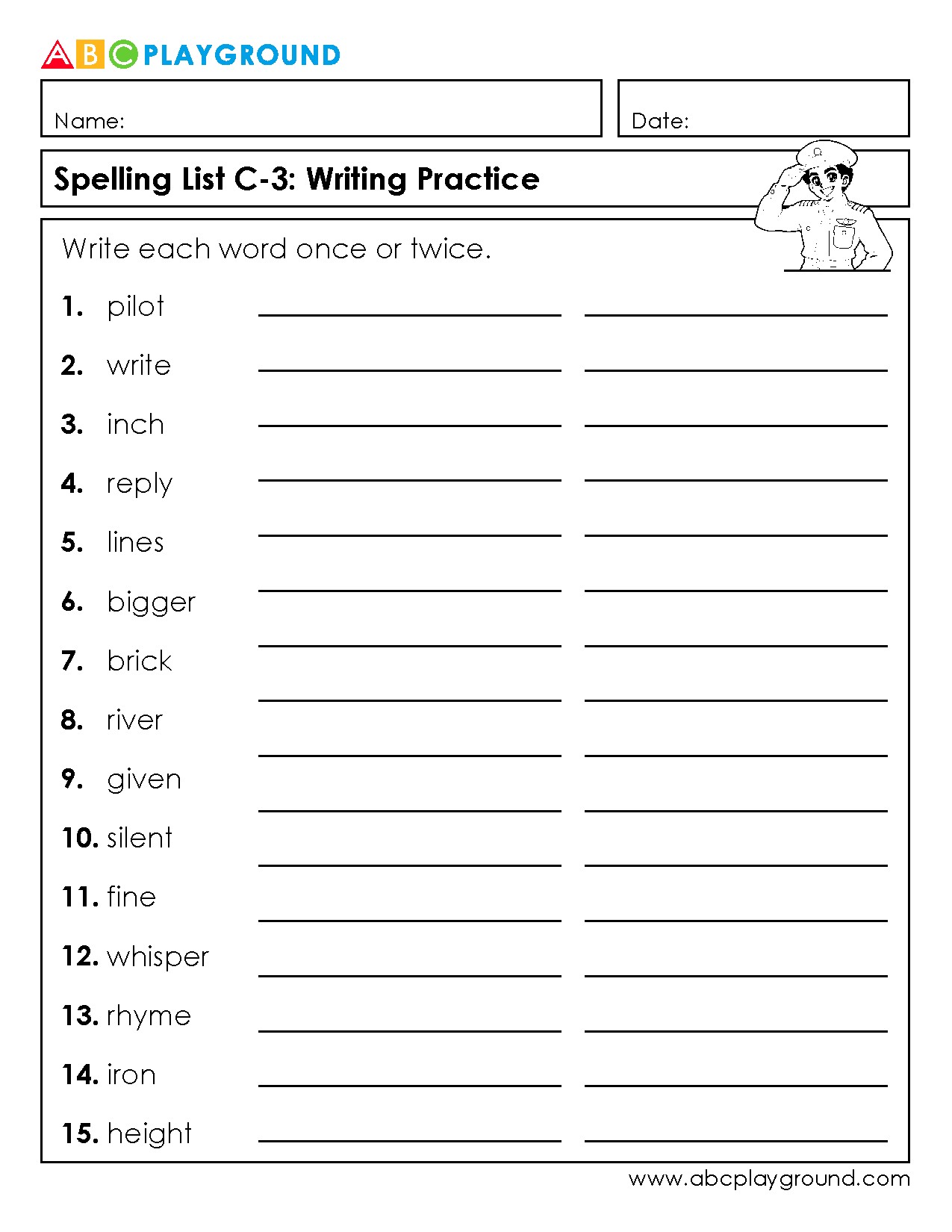 C3 Spelling List Writing Practice Worksheet