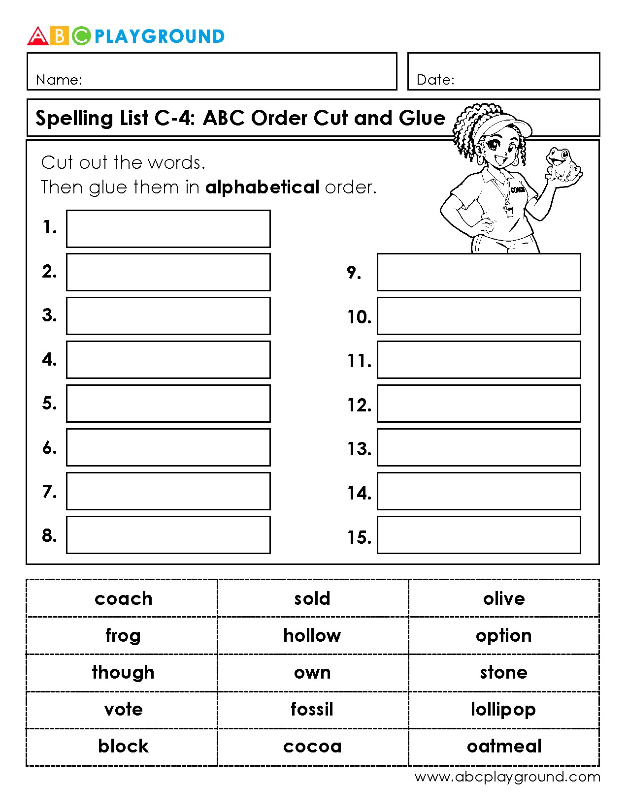 C4 Spelling Practice: Cut and Glue Words in Alphabetical Order