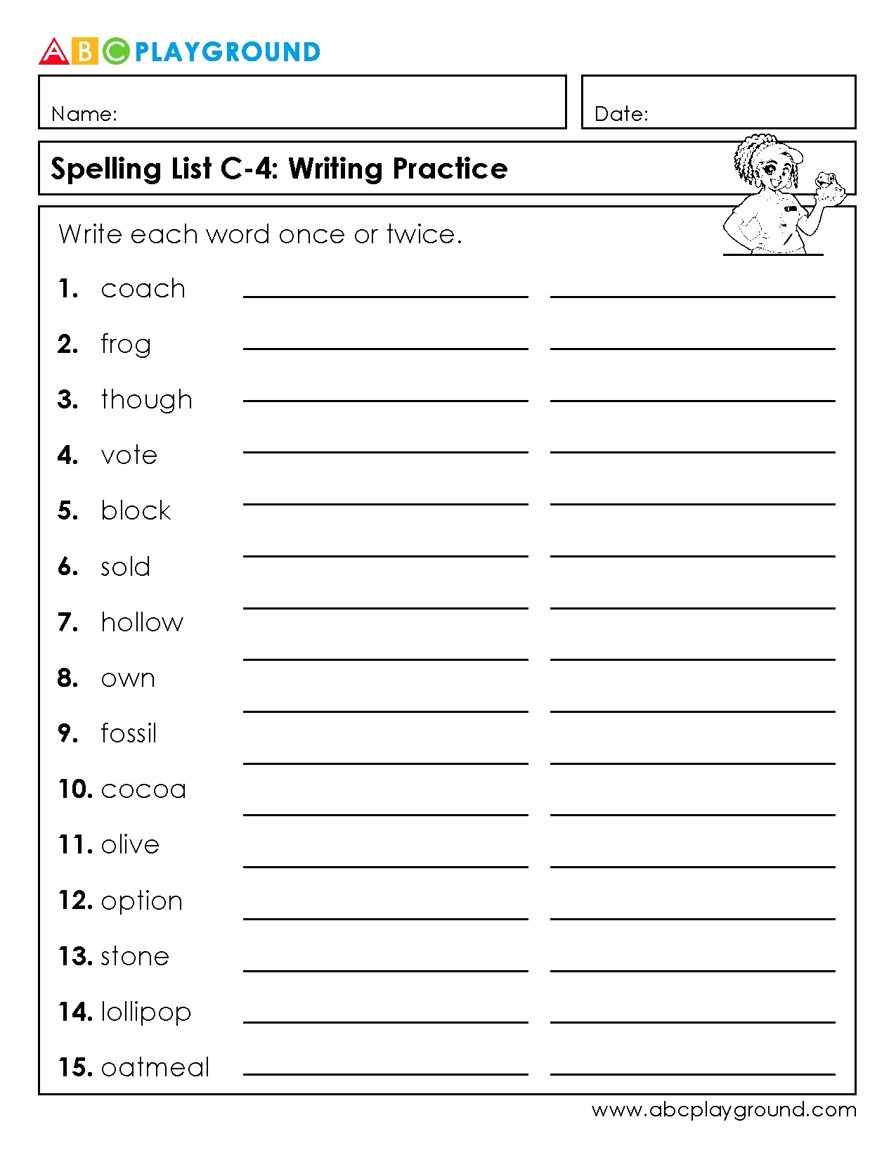C4 Spelling List Writing Practice Worksheet