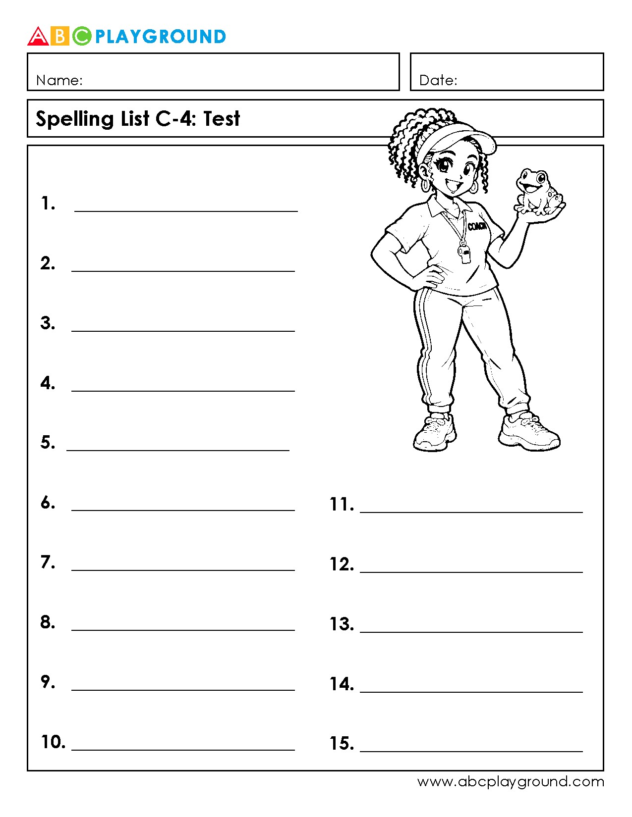 C4 Printable Spelling Test Worksheet with 15 Word Spaces