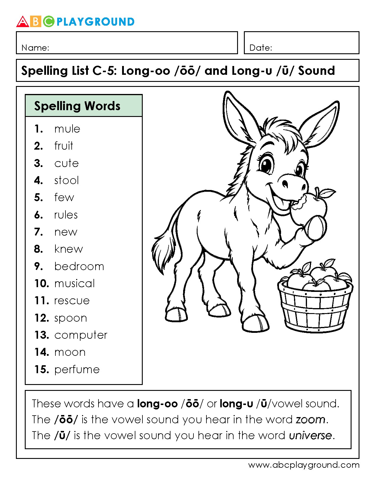 C5 Long Oo and Long U Vowel Sound Spelling Practice