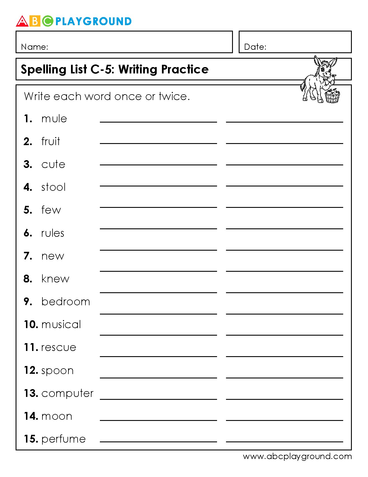 C5 Spelling Practice with Common Vocabulary Words