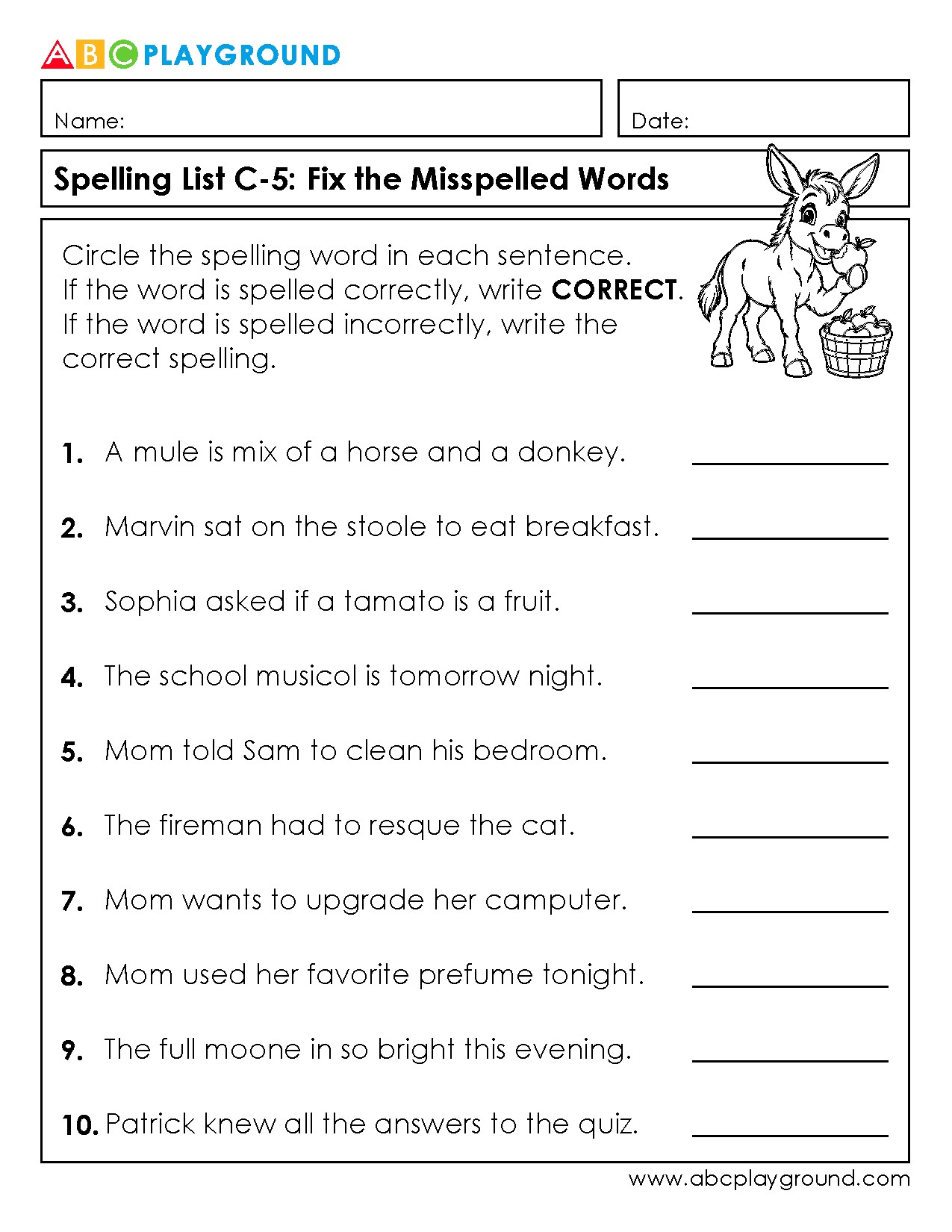 C5 Fix the Misspelled Words: Spelling Practice Worksheet
