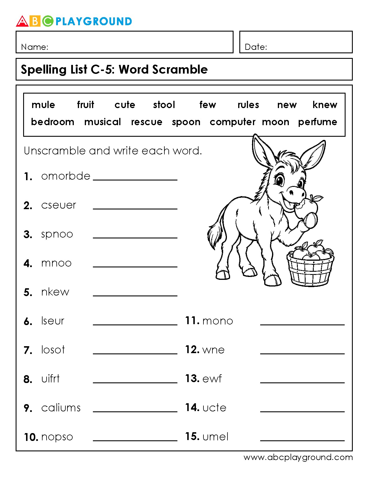 C5 Word Scramble Spelling Practice with Common Vocabulary