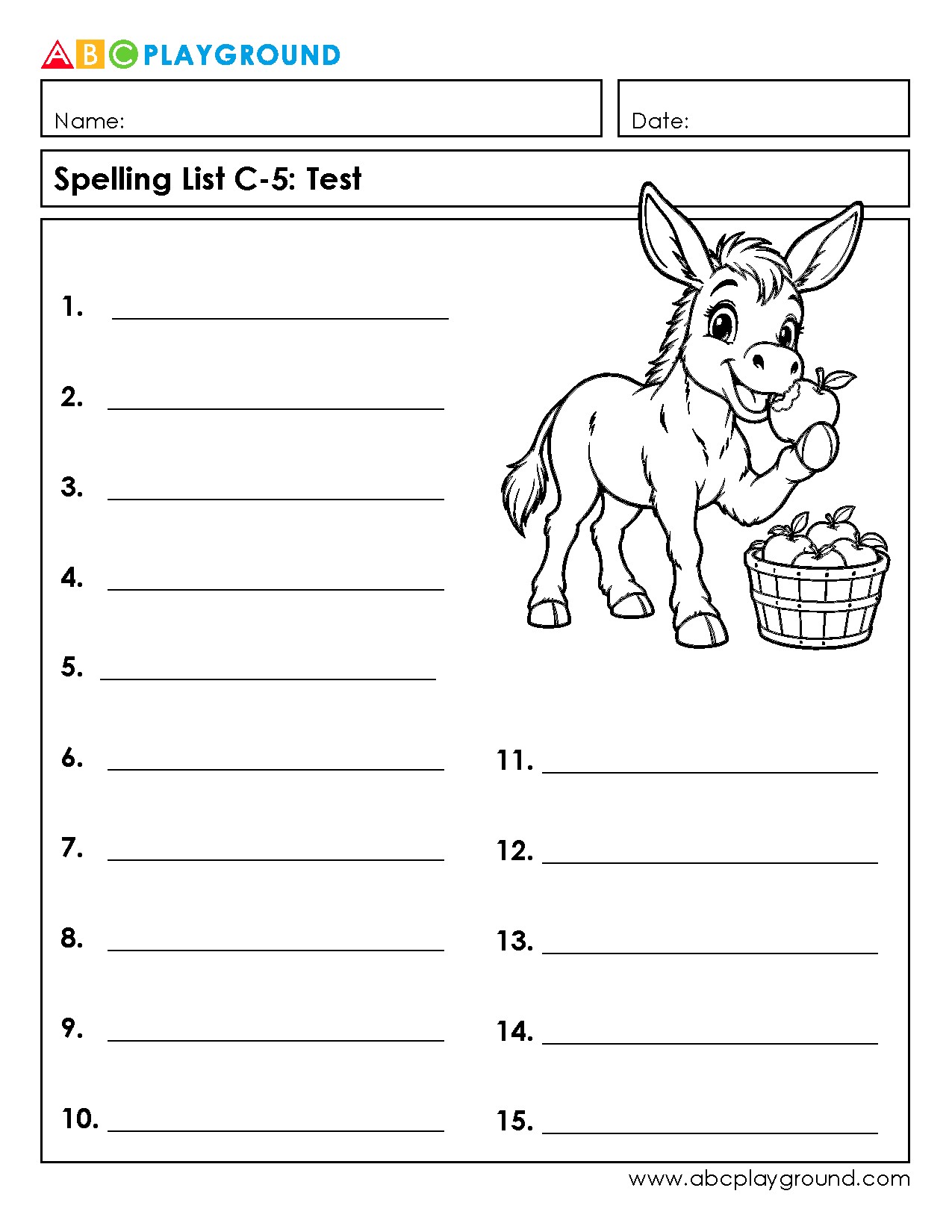 C6 Printable Spelling Test Worksheet with 15 Word Spaces